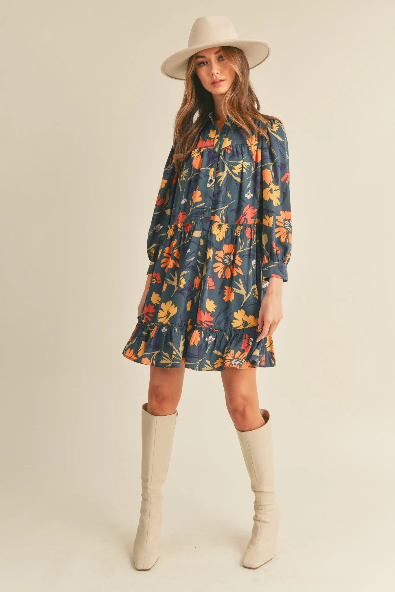 Navy Teal Mlt Floral Floral Button Down Mini Dress sold by Pinkblush product image thumbnail 4