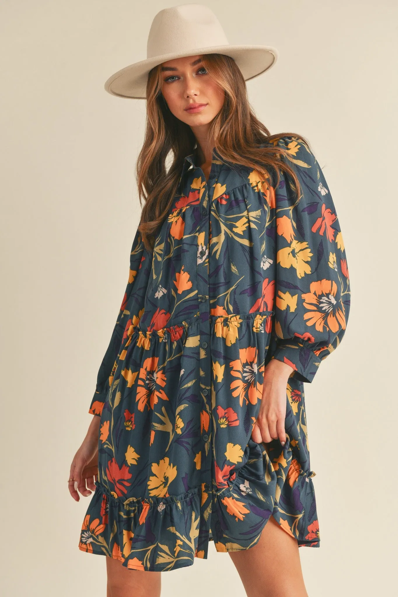 Navy Teal Mlt Floral Floral Button Down Mini Dress sold by Pinkblush