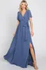 Navy Blue Chiffon Short Sleeve Wrap V-Neck Front Slit Maxi Dress sold by Pinkblush