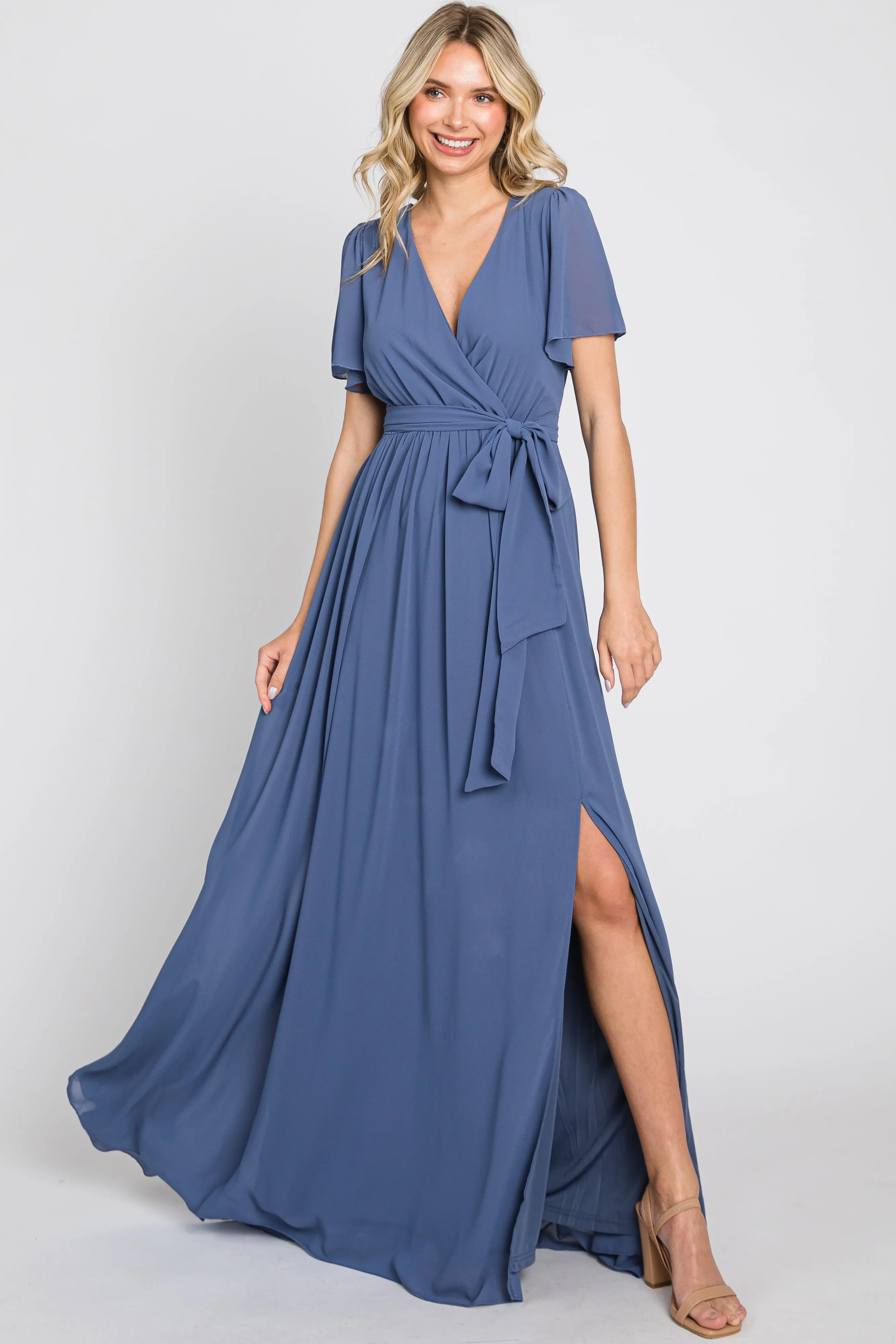 Navy Blue Chiffon Short Sleeve Wrap V-Neck Front Slit Maxi Dress sold by Pinkblush