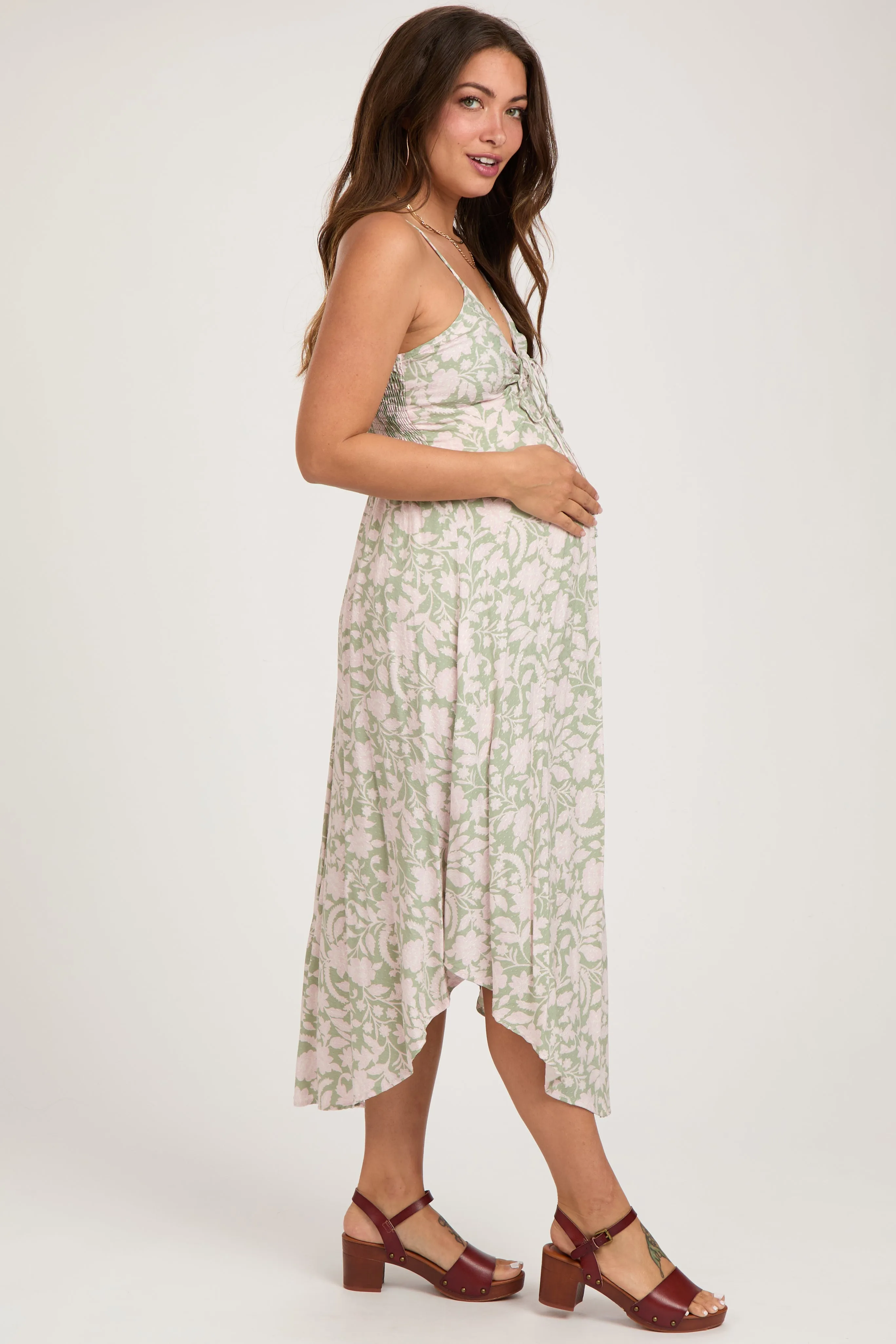Light Olive Floral Front Tie V-Neck Maternity Midi Dress sold by Pinkblush product image thumbnail 2
