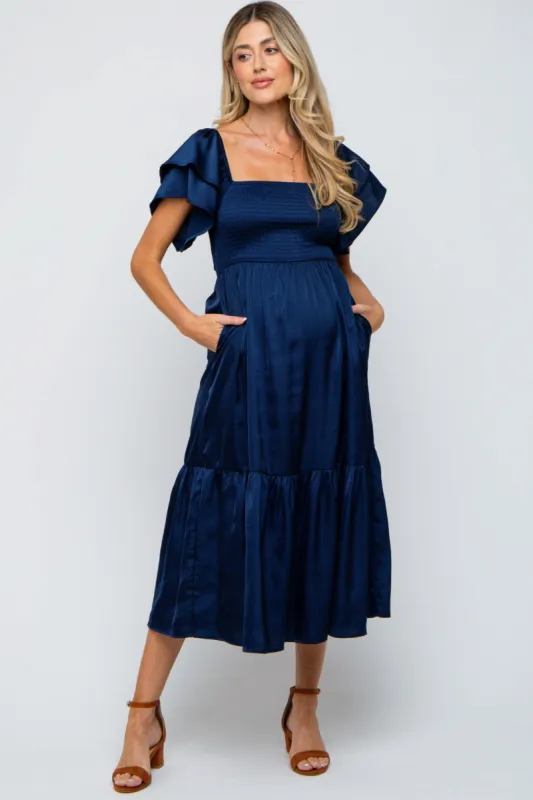 Navy Satin Flutter Sleeve Maternity Midi Dress sold by Pinkblush