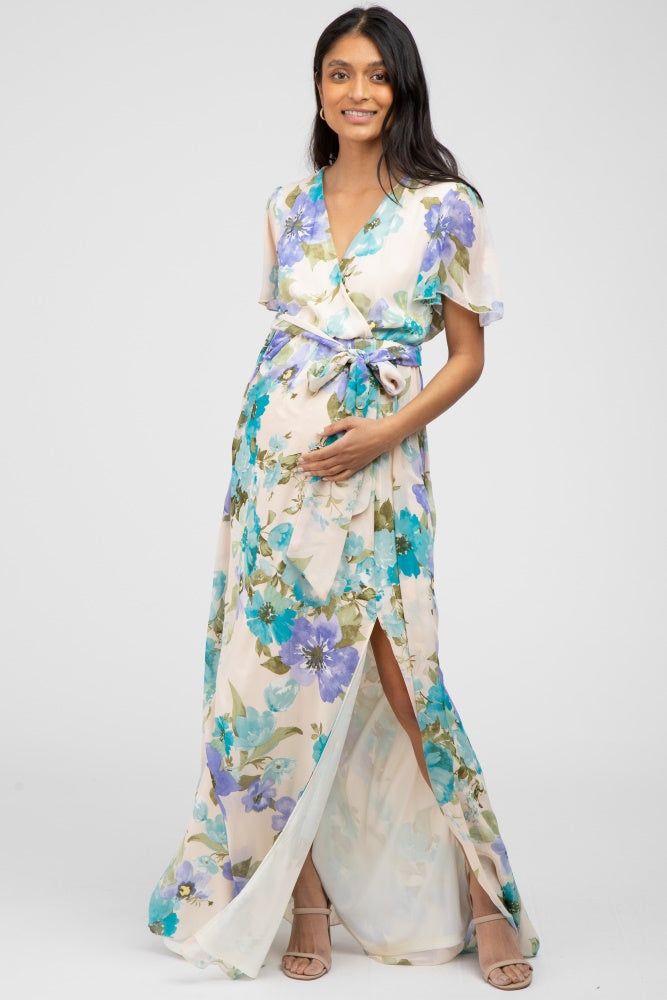 Blue Floral Chiffon Short Sleeve Side Slit Maternity Maxi Dress sold by Pinkblush