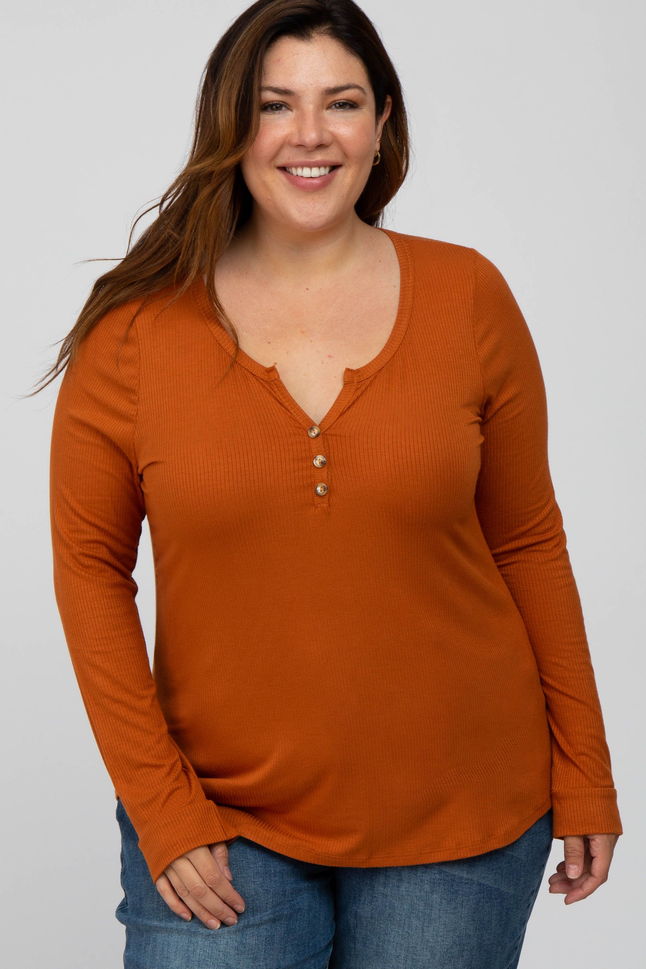 Rust Ribbed Button Front Plus Top sold by Pinkblush