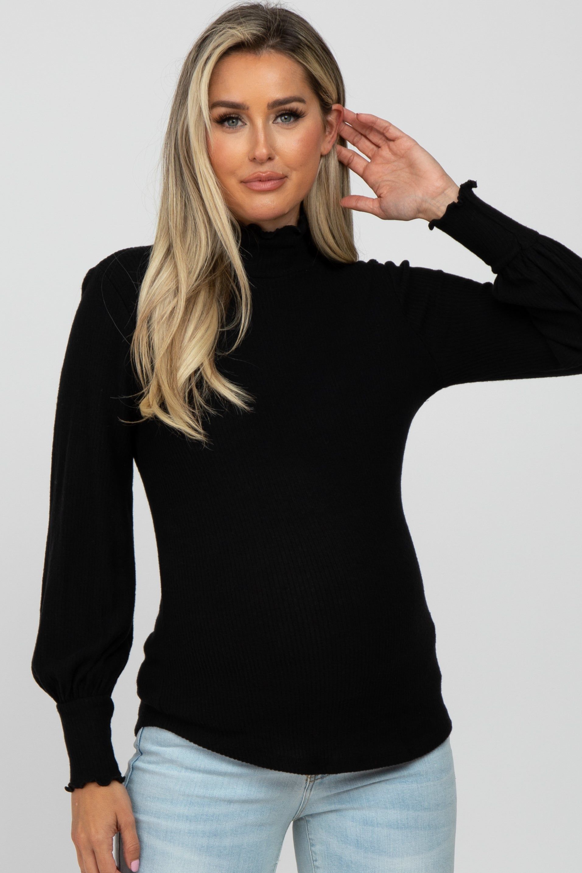 Black Brushed Ribbed Mock Neck Maternity Top sold by Pinkblush
