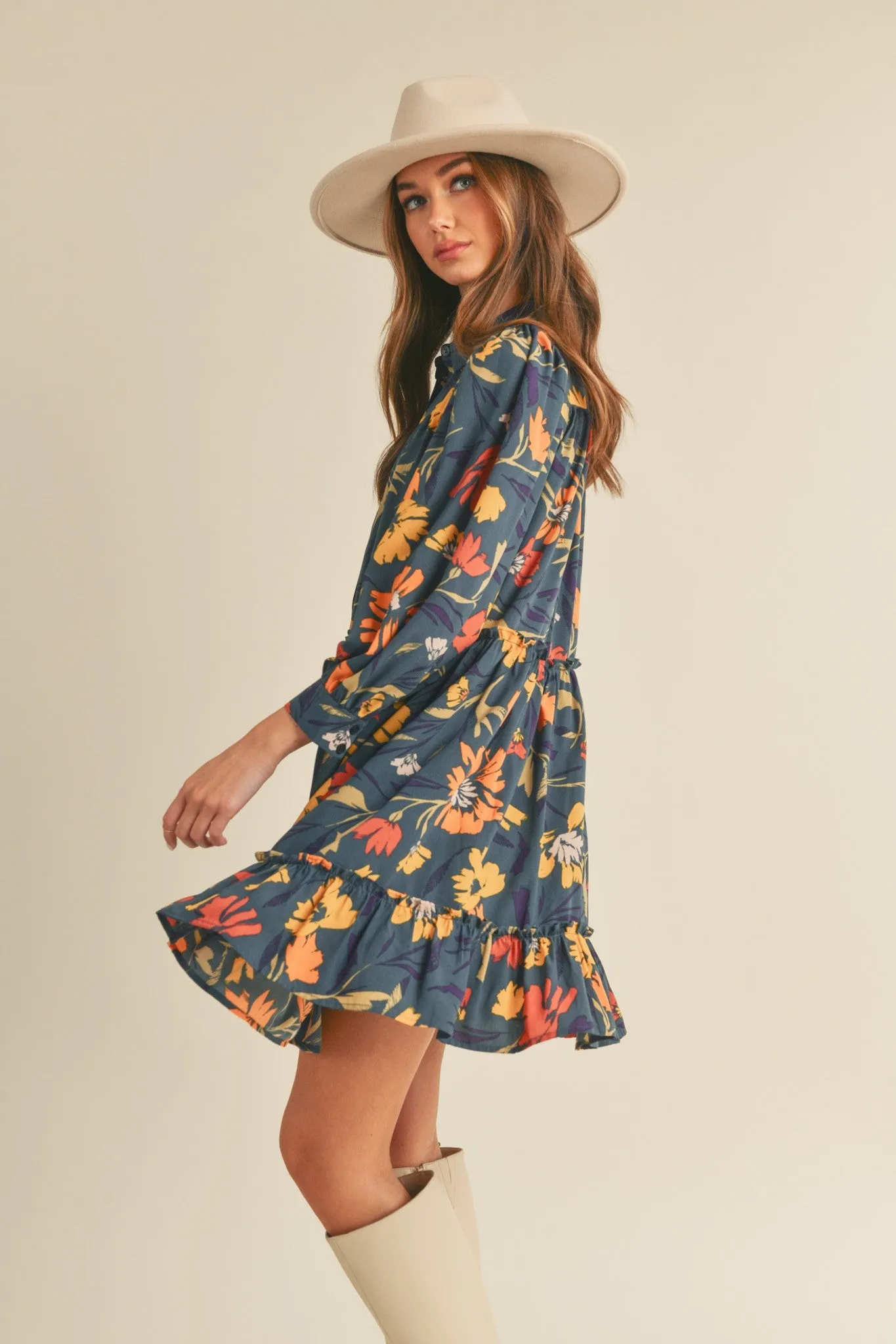 Navy Teal Mlt Floral Floral Button Down Mini Dress sold by Pinkblush product image thumbnail 2