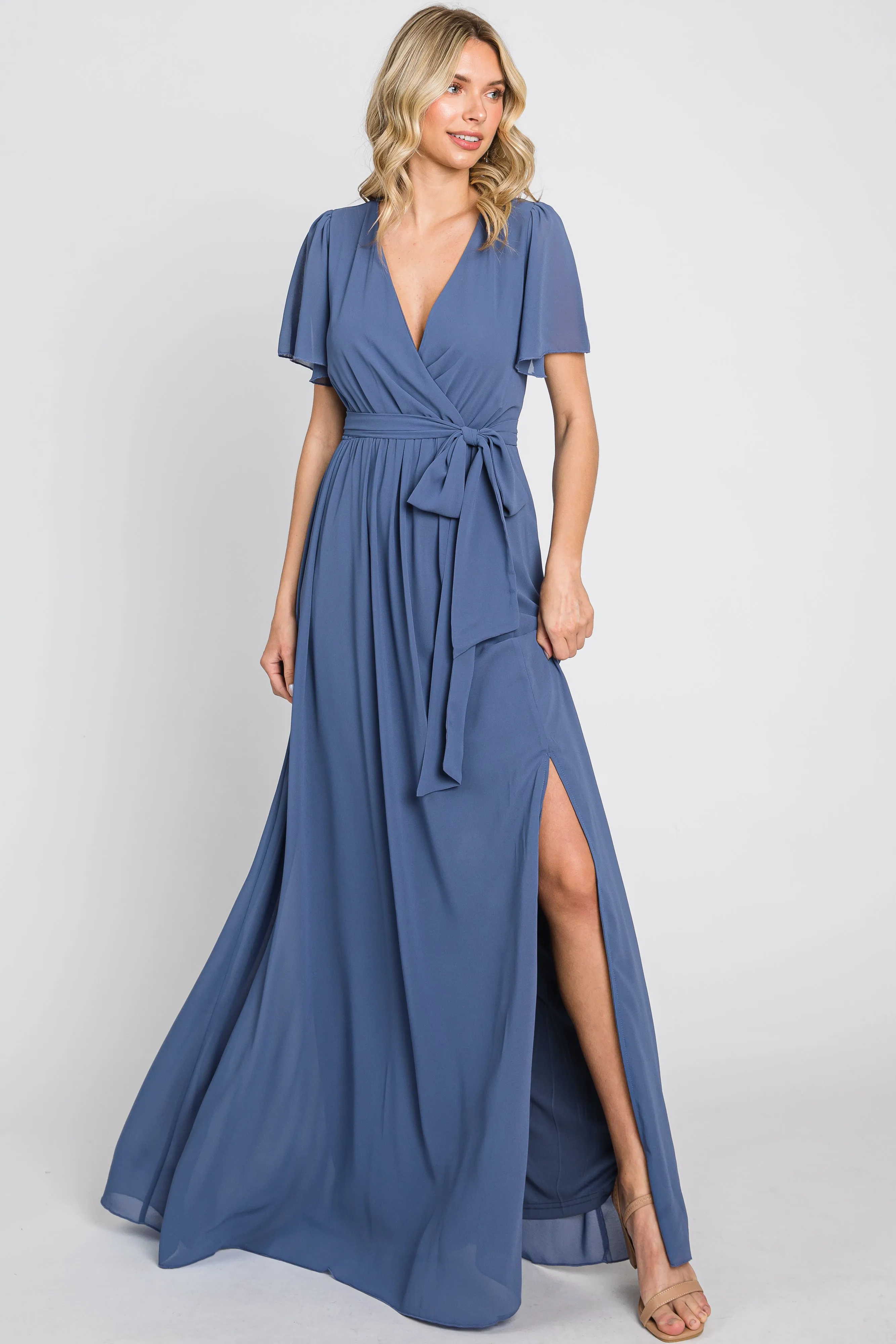 Navy Blue Chiffon Short Sleeve Wrap V-Neck Front Slit Maxi Dress sold by Pinkblush product image thumbnail 5