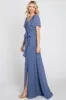 Navy Blue Chiffon Short Sleeve Wrap V-Neck Front Slit Maxi Dress sold by Pinkblush