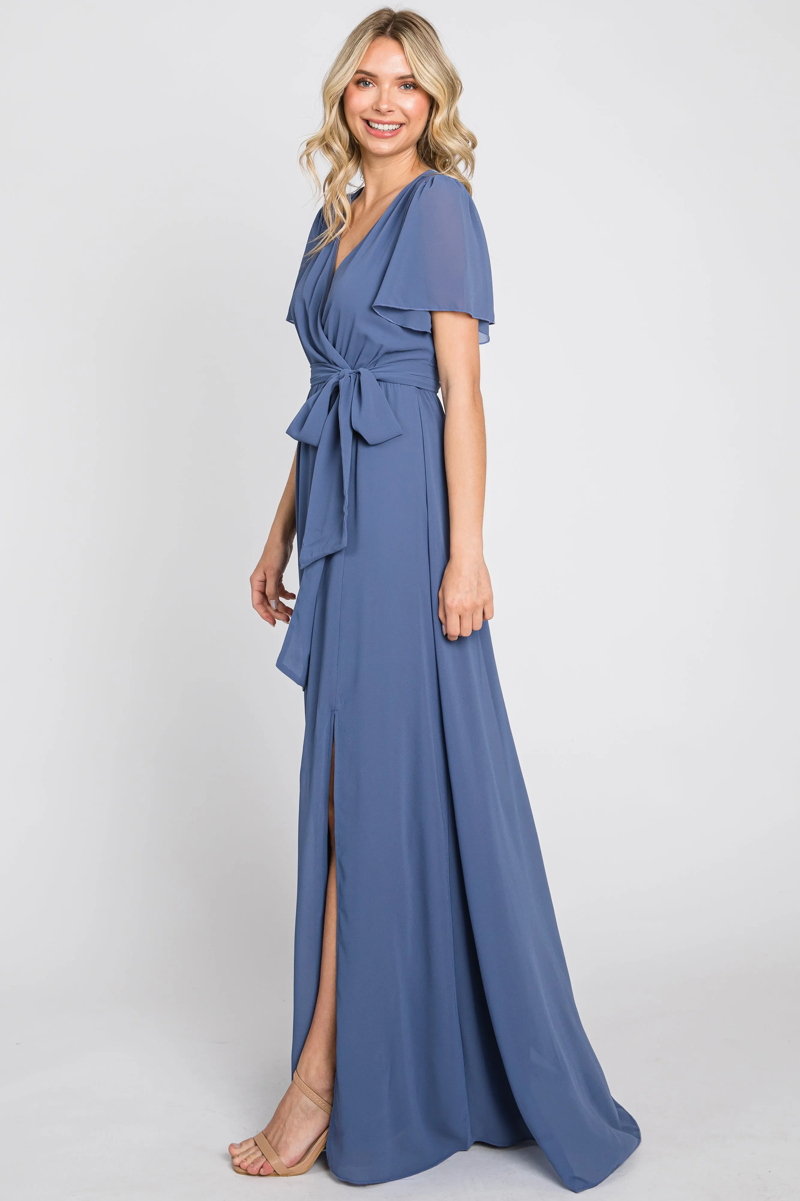 Navy Blue Chiffon Short Sleeve Wrap V-Neck Front Slit Maxi Dress sold by Pinkblush product image thumbnail 2
