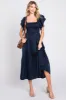 Navy Satin Flutter Sleeve Maternity Midi Dress sold by Pinkblush