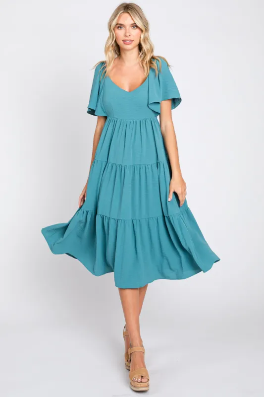 Teal Tiered Criss Cross Back Midi Dress sold by Pinkblush