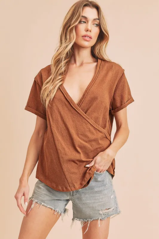 Camel Wrap Short Sleeve Raw Hem Top sold by Pinkblush