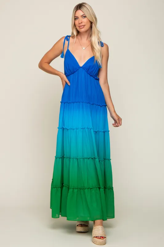 Blue Ombre Chiffon Shoulder Tie Tiered Maxi Dress sold by Pinkblush