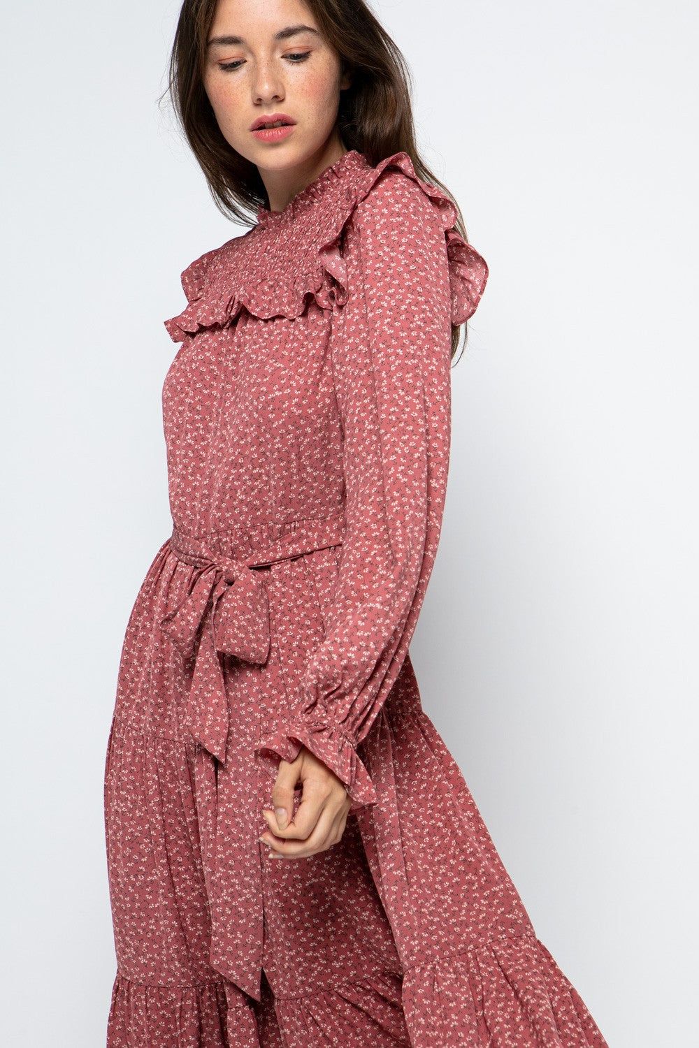 Mauve Smocked Yoke Detail Tiered Maxi Dress sold by Pinkblush product image thumbnail 3