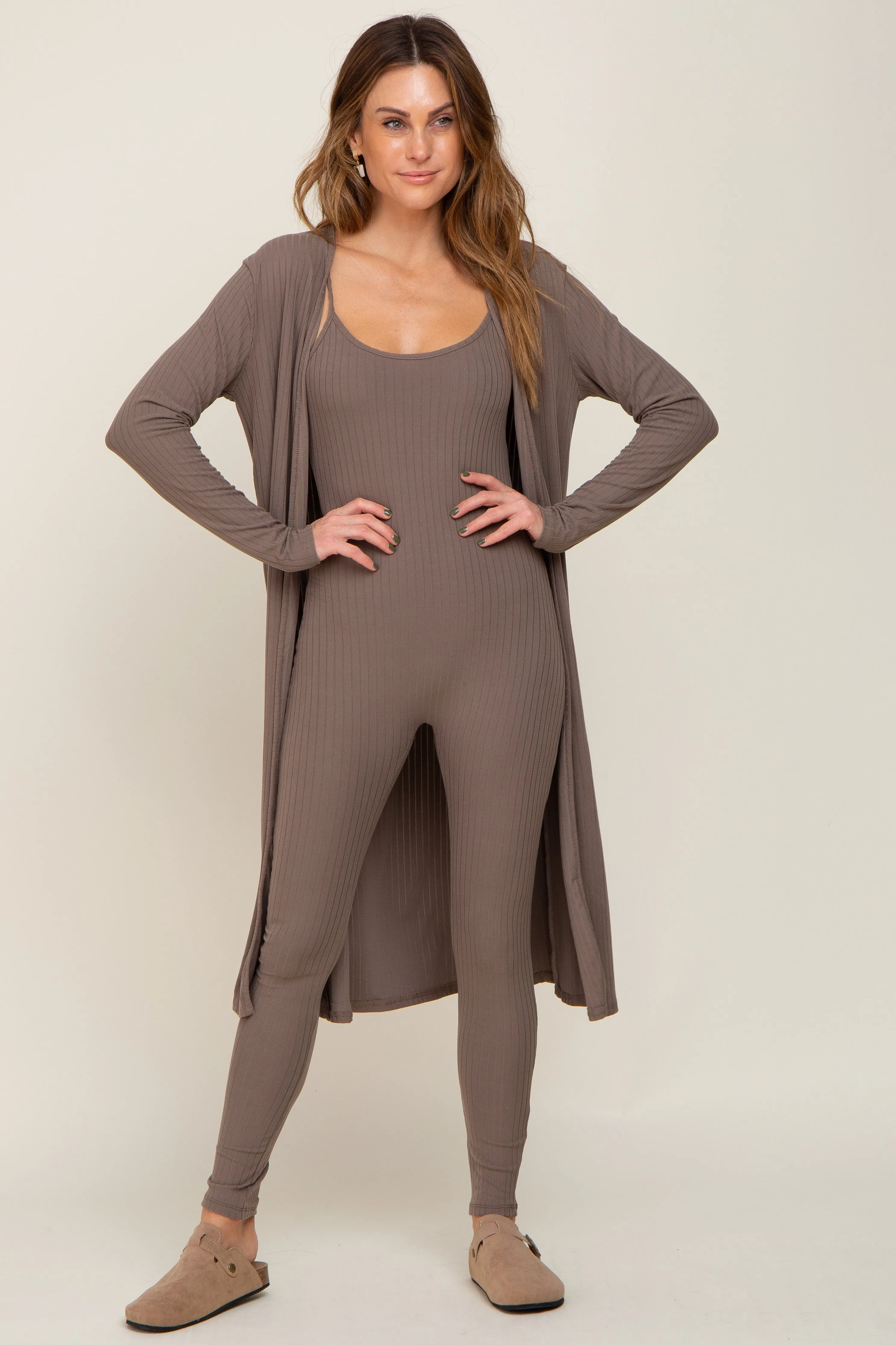 Mocha Ribbed Jumpsuit Two Piece Set sold by Pinkblush product image thumbnail 4