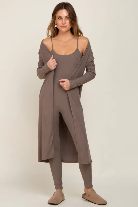 Mocha Ribbed Jumpsuit Two Piece Set sold by Pinkblush