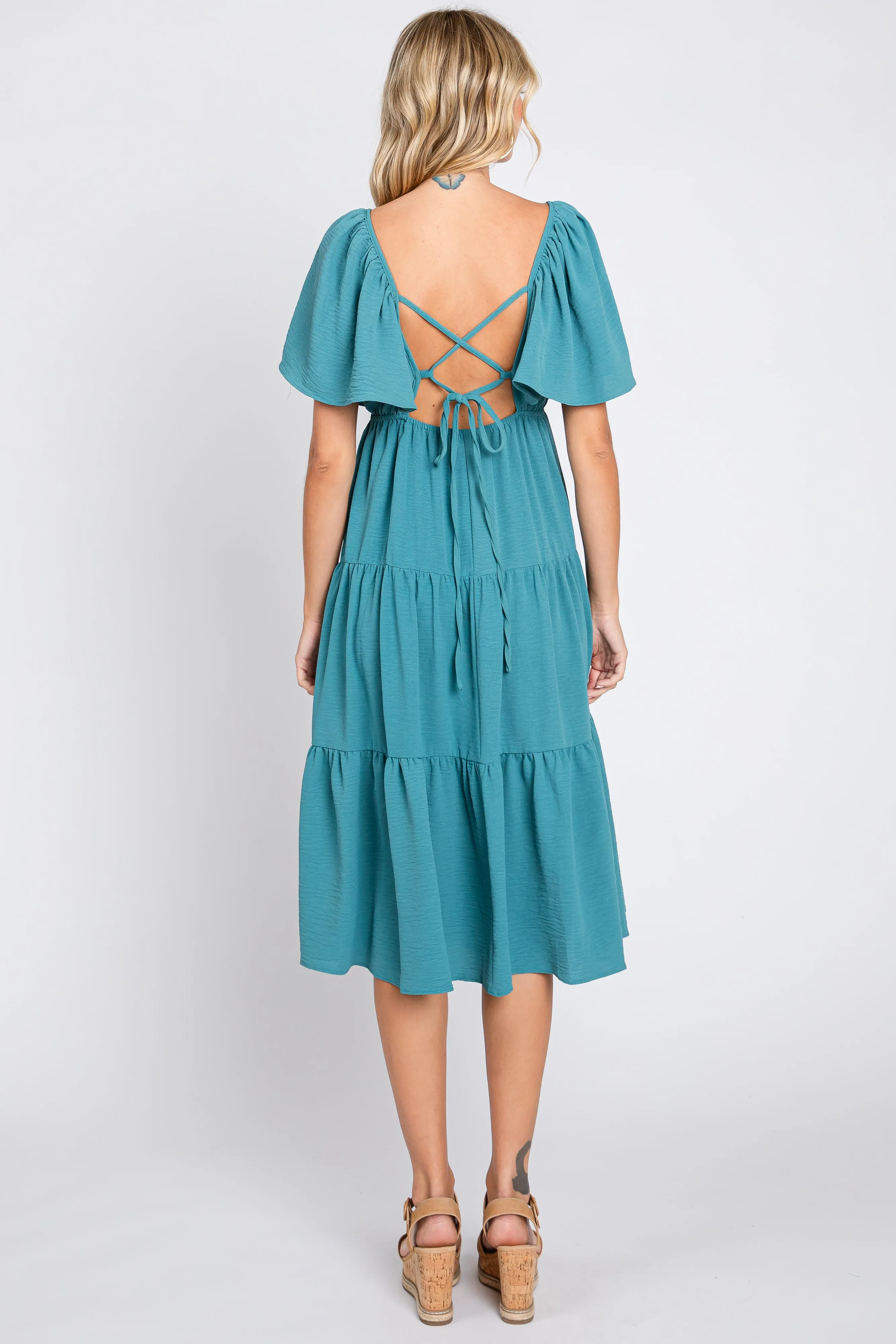 Teal Tiered Criss Cross Back Midi Dress sold by Pinkblush product image thumbnail 3