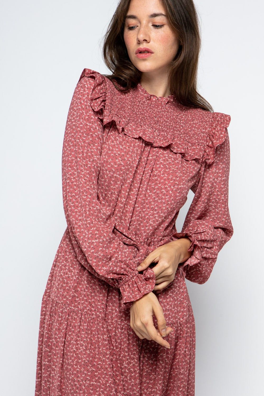 Mauve Smocked Yoke Detail Tiered Maxi Dress sold by Pinkblush product image thumbnail 4