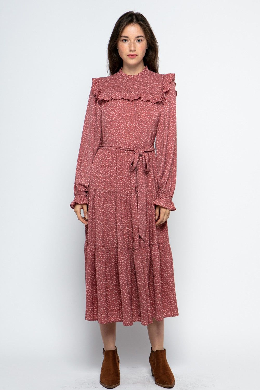 Mauve Smocked Yoke Detail Tiered Maxi Dress sold by Pinkblush