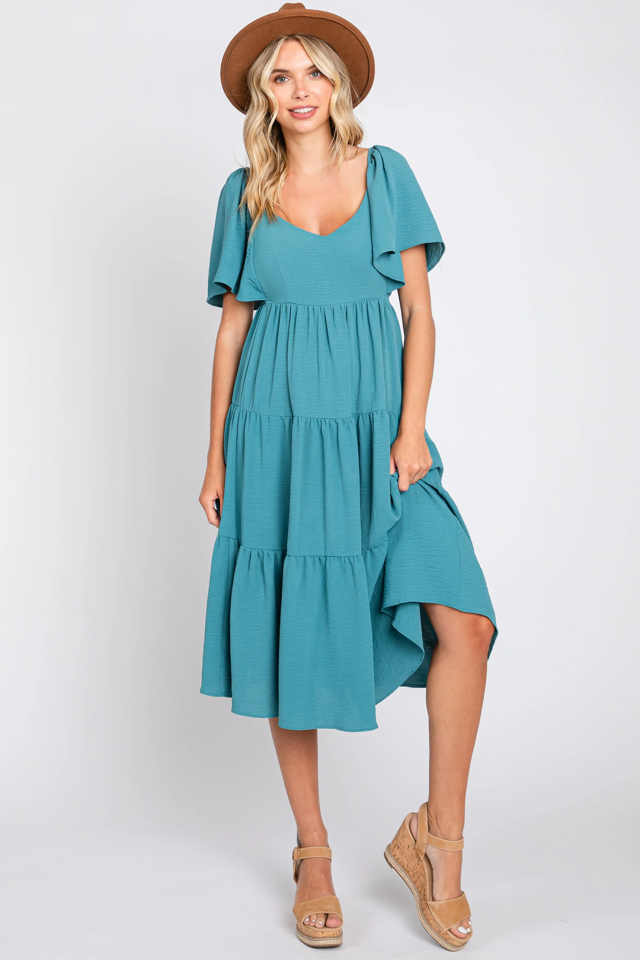 Teal Tiered Criss Cross Back Midi Dress sold by Pinkblush product image thumbnail 4