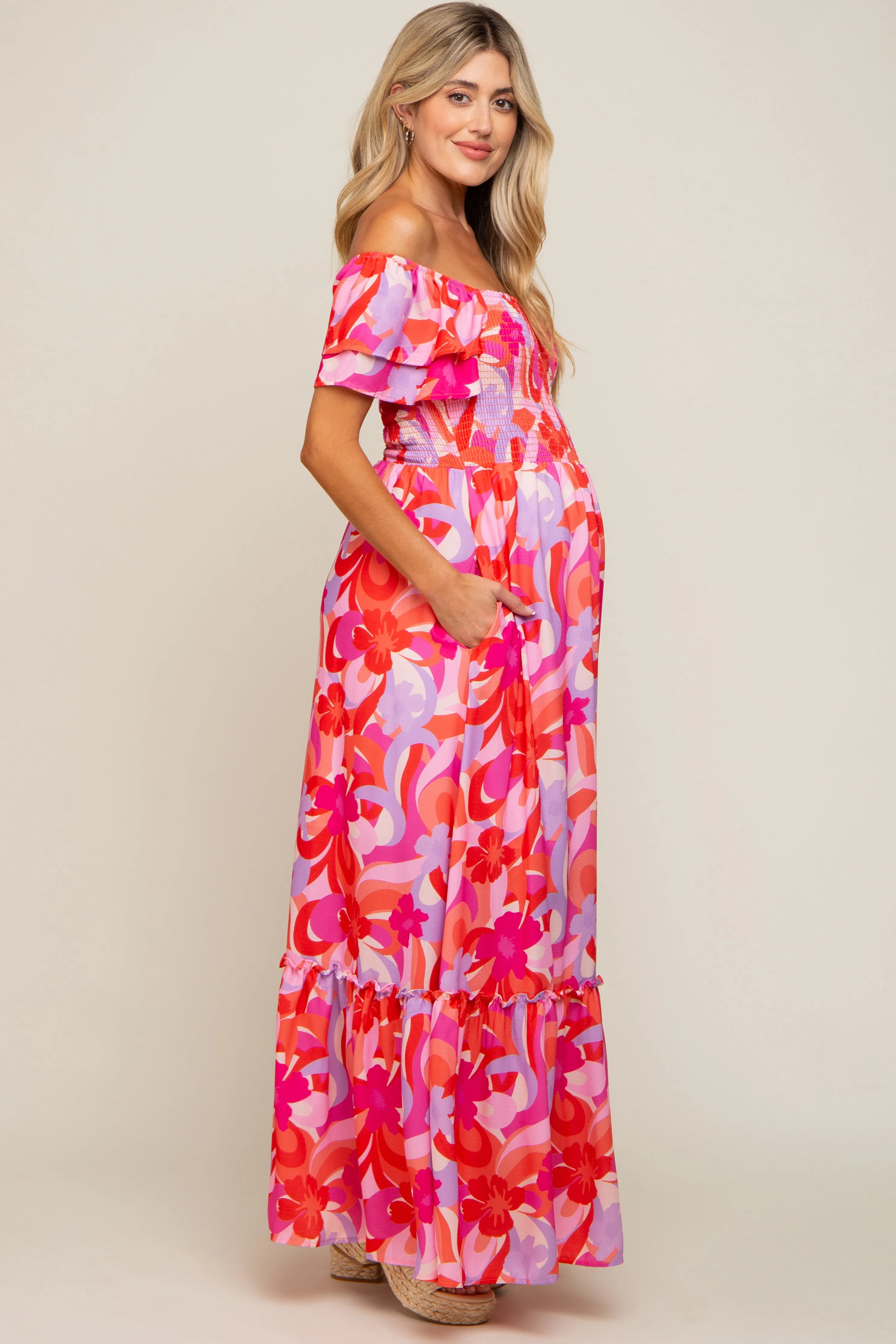 Pink Floral Smocked Ruffle Short Sleeve Maternity Maxi Dress sold by Pinkblush product image thumbnail 2