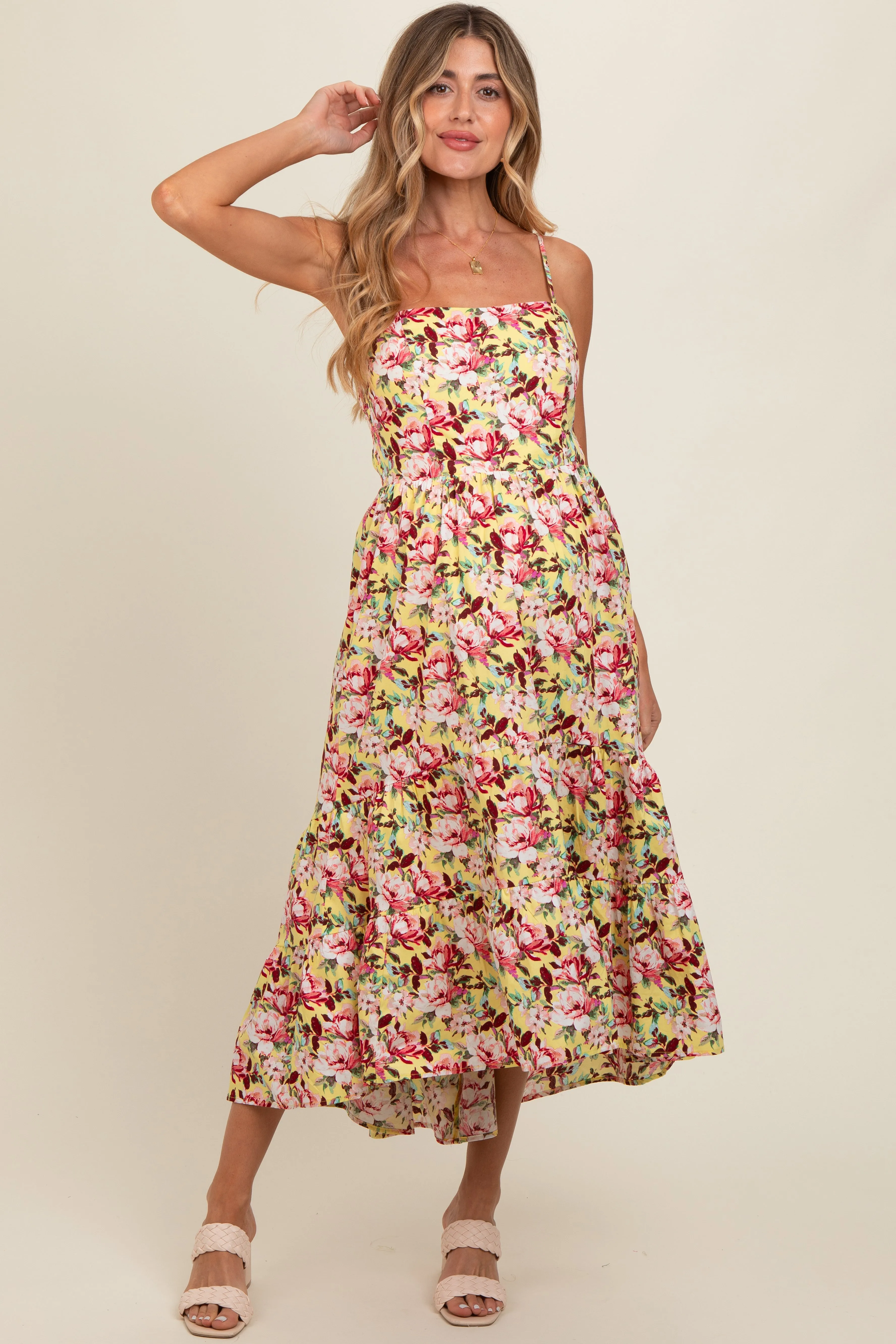 Yellow Floral Tiered Hi-Low Maternity Midi Dress sold by Pinkblush product image thumbnail 2