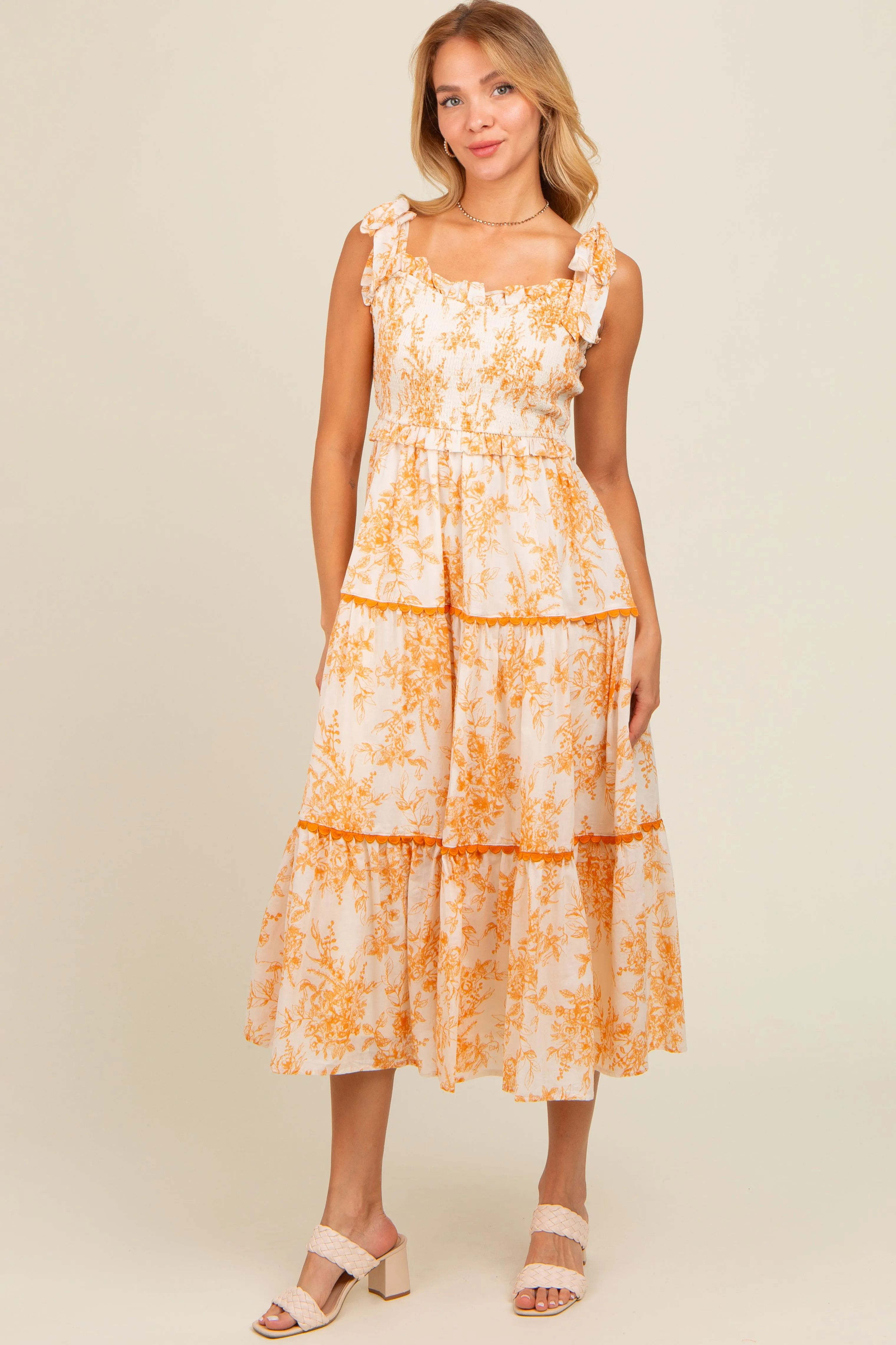 Peach Floral Sleeveless Ruffle Tiered Midi Dress sold by Pinkblush