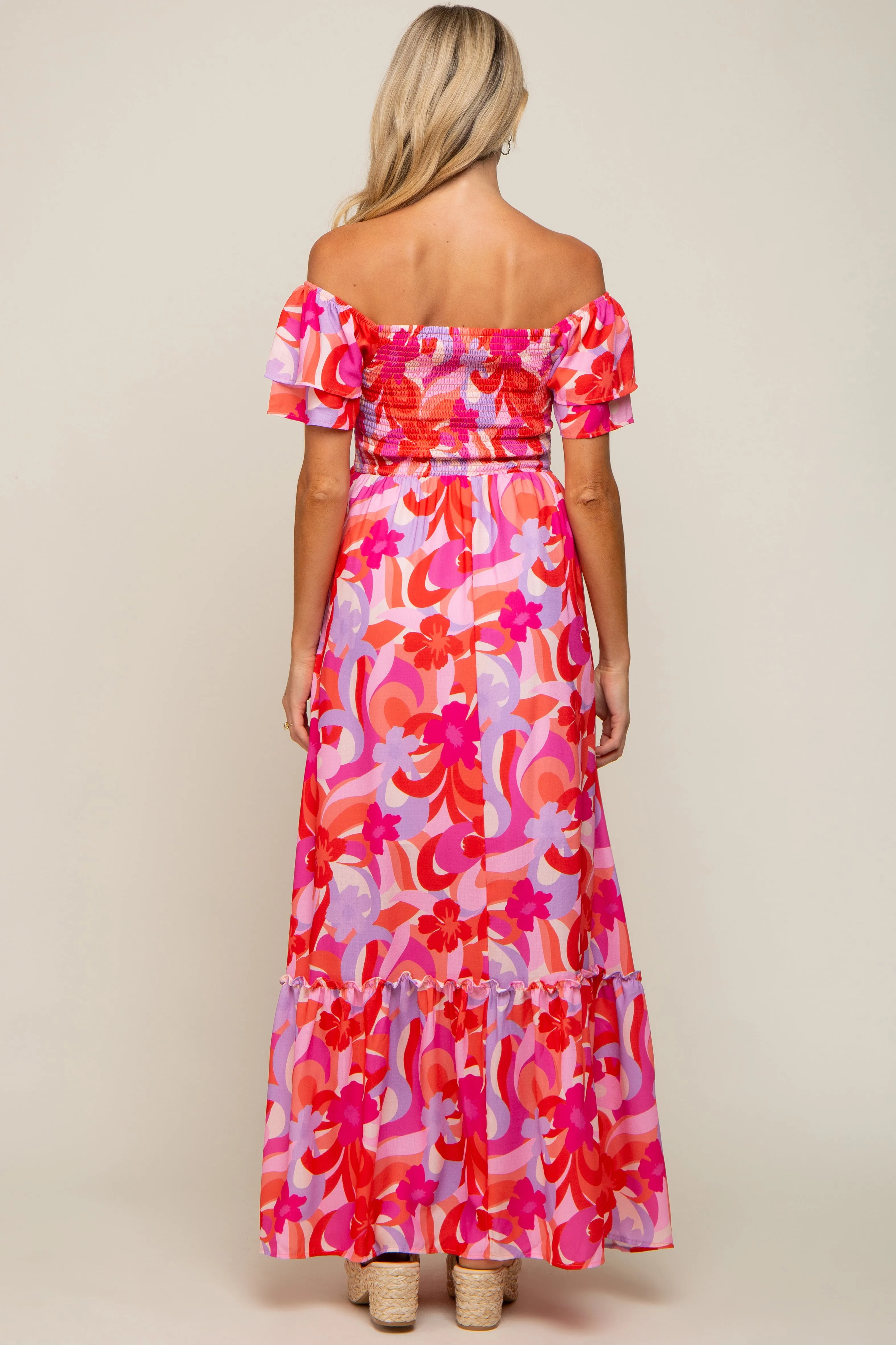 Pink Floral Smocked Ruffle Short Sleeve Maternity Maxi Dress sold by Pinkblush product image thumbnail 3