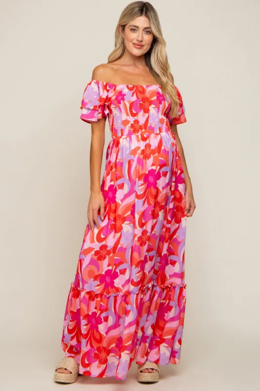 Pink Floral Smocked Ruffle Short Sleeve Maternity Maxi Dress sold by Pinkblush