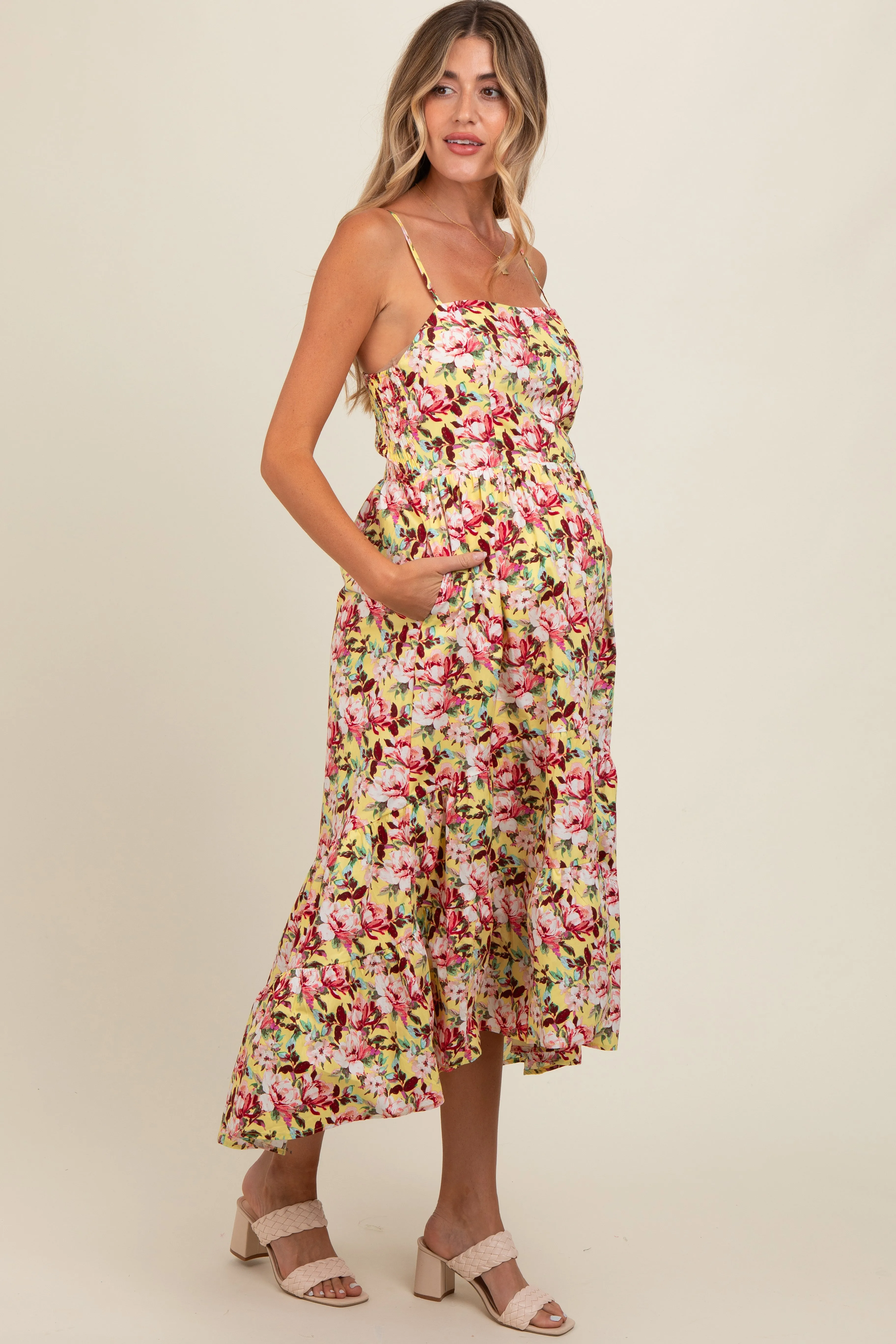 Yellow Floral Tiered Hi-Low Maternity Midi Dress sold by Pinkblush product image thumbnail 3