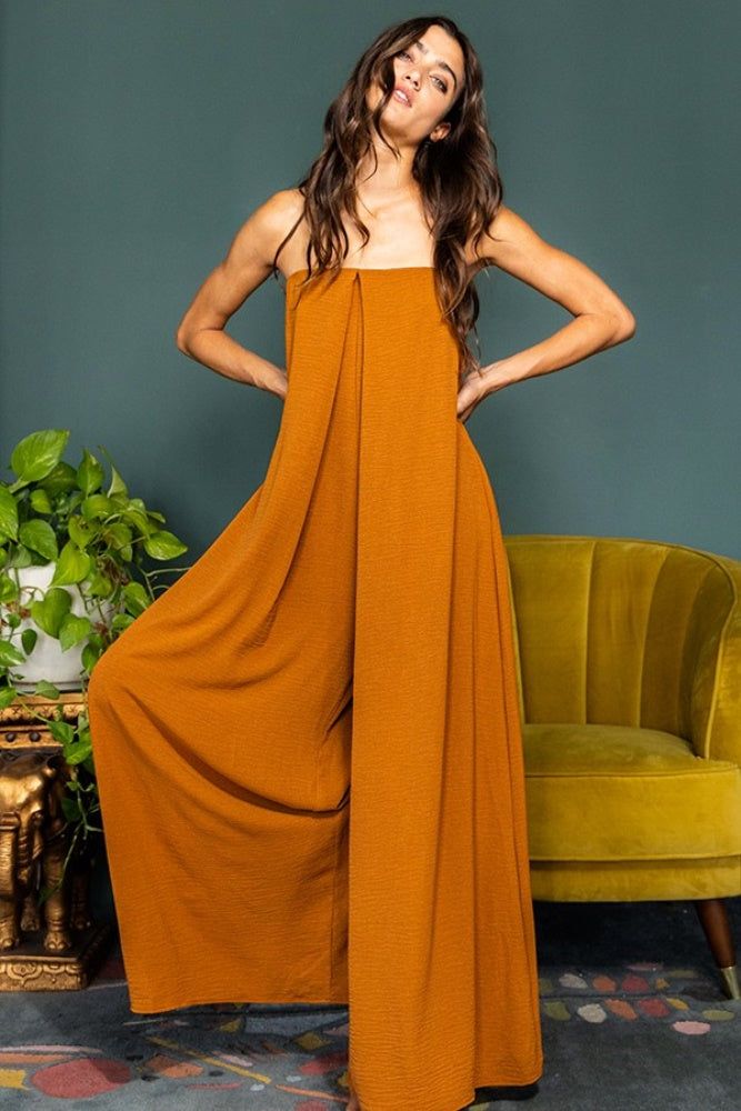 Caramel Strapless Flowy Jumpsuit sold by Pinkblush