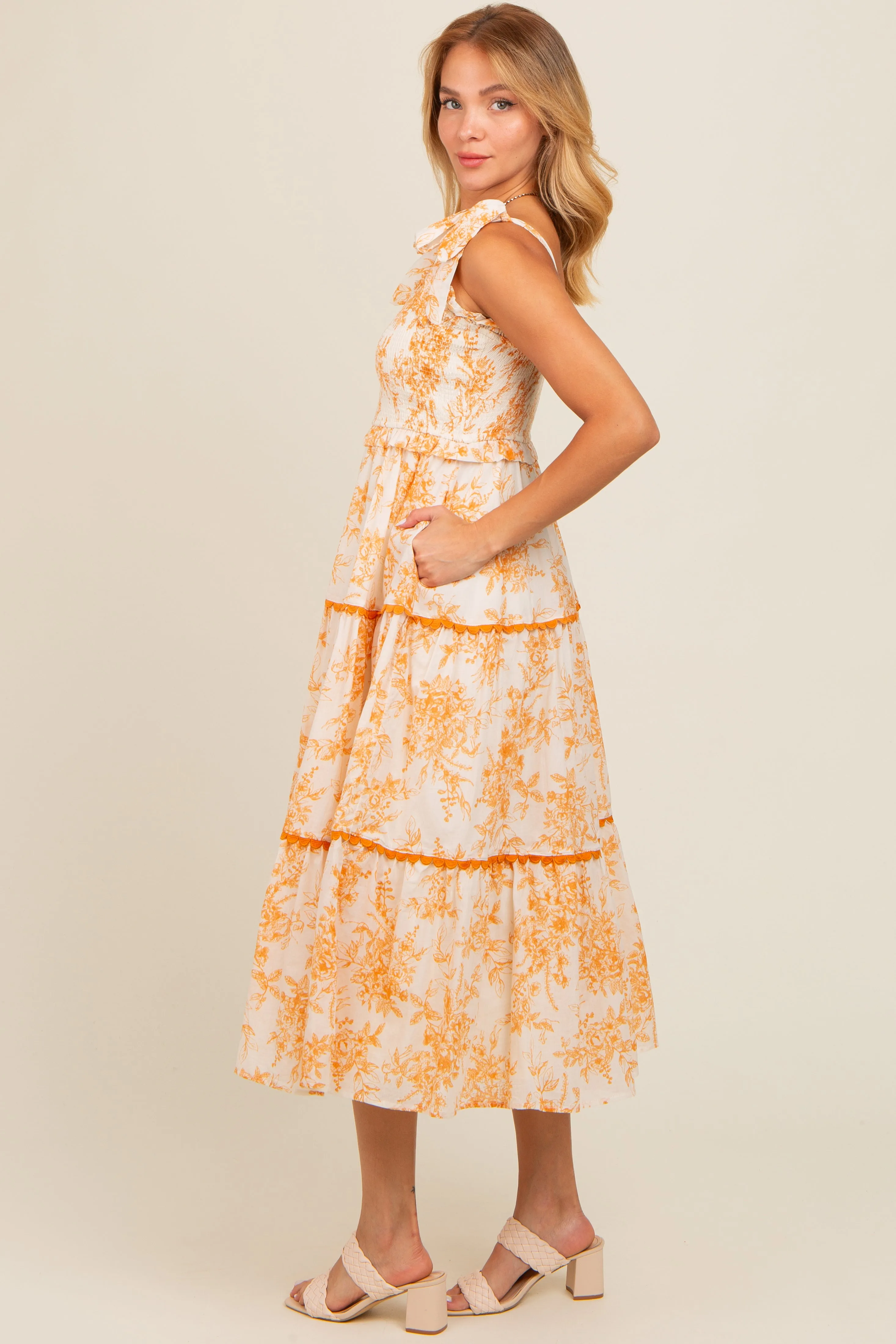 Peach Floral Sleeveless Ruffle Tiered Midi Dress sold by Pinkblush product image thumbnail 2