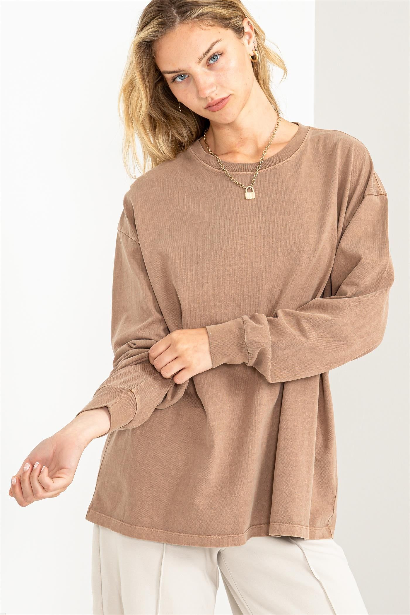 Mocha Oversized Long Sleeve Top sold by Pinkblush