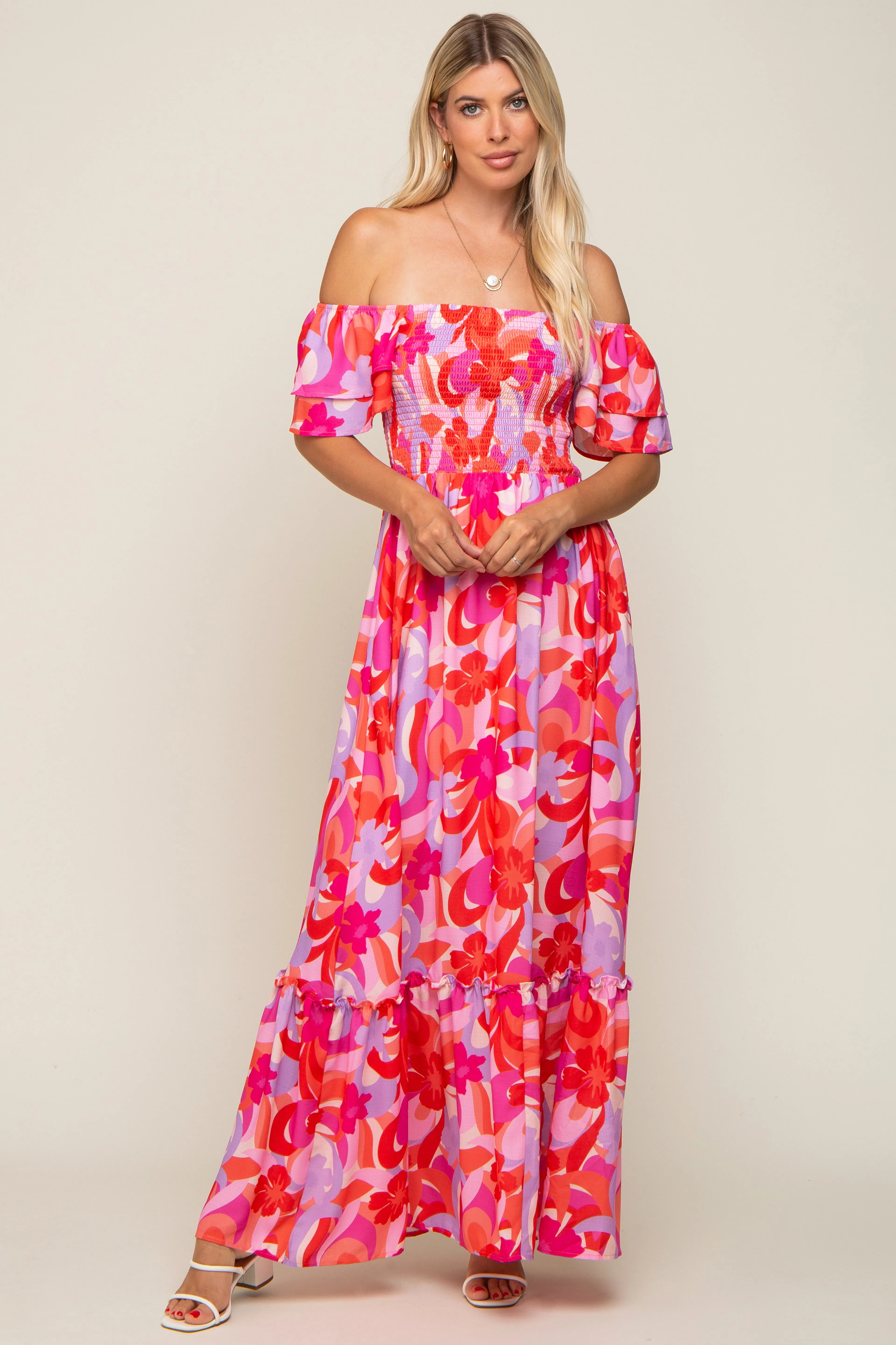 Pink Floral Smocked Ruffle Short Sleeve Maternity Maxi Dress sold by Pinkblush product image thumbnail 4