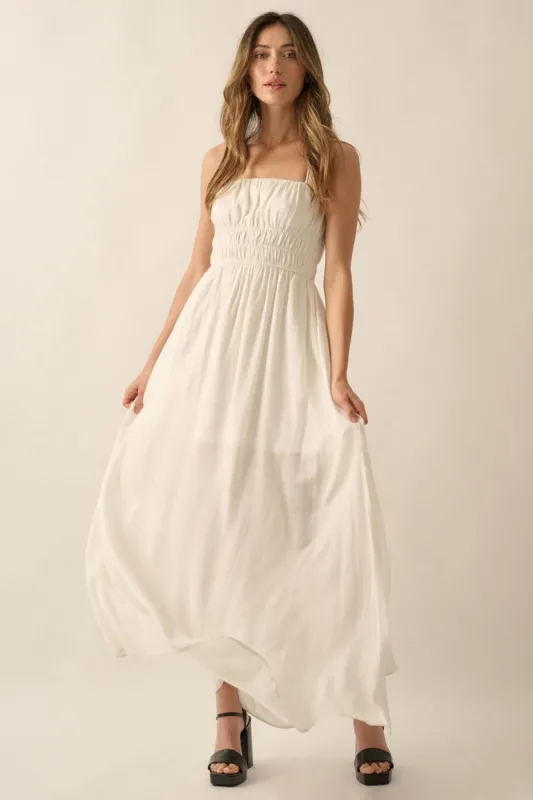 Cream Solid Gather-Bodice Straight-Neck Maxi Dress sold by Pinkblush