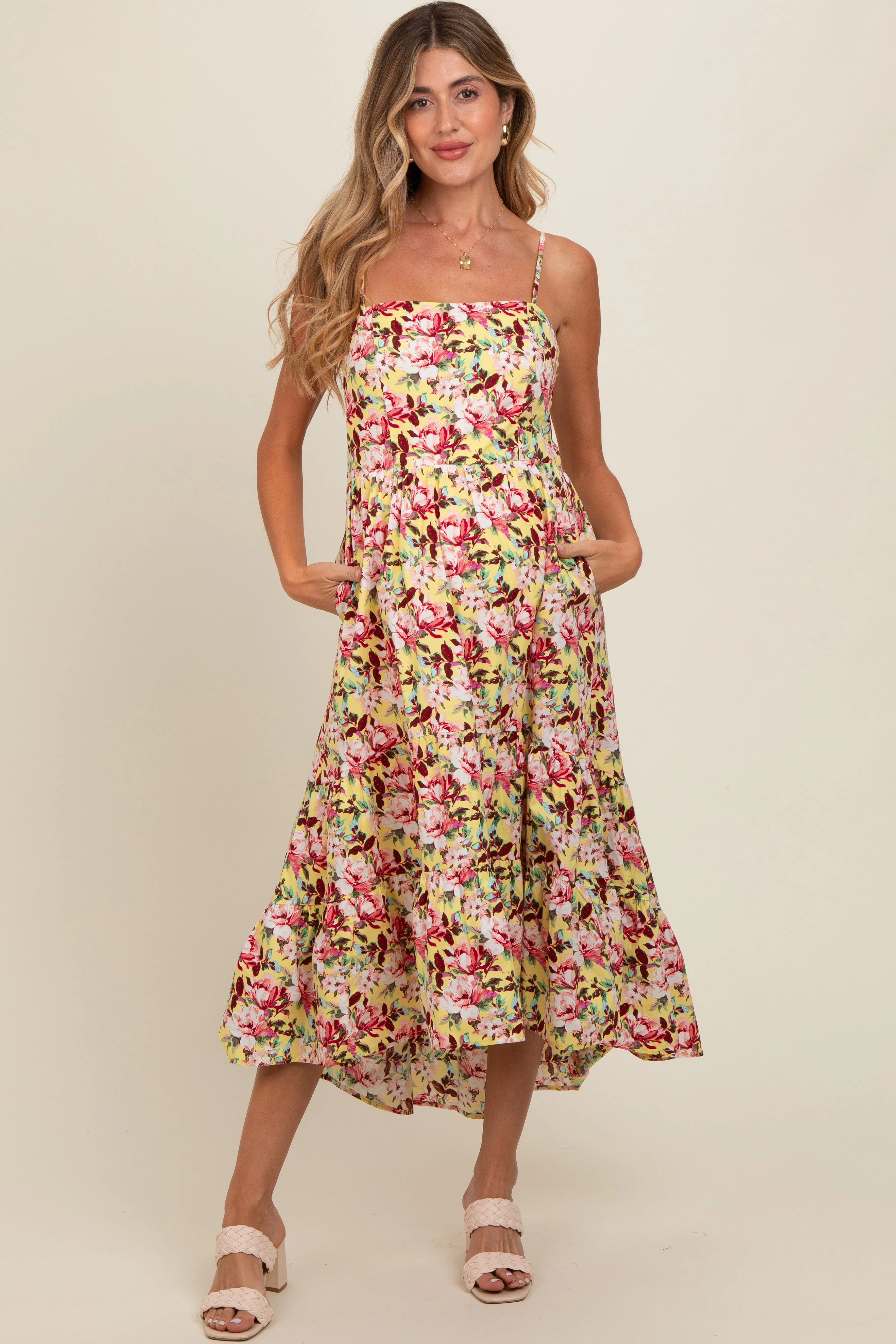 Yellow Floral Tiered Hi-Low Maternity Midi Dress sold by Pinkblush