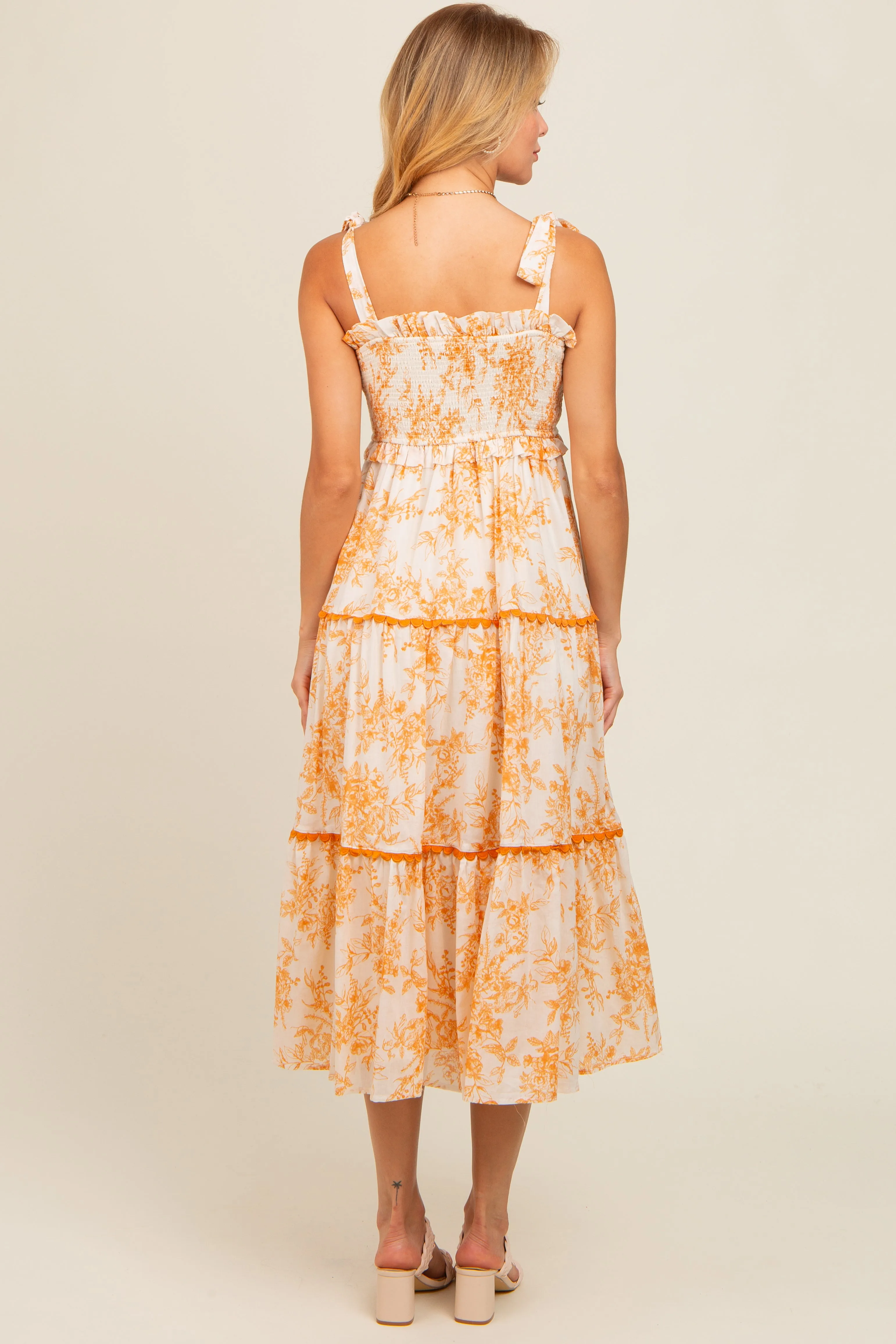 Peach Floral Sleeveless Ruffle Tiered Midi Dress sold by Pinkblush product image thumbnail 3