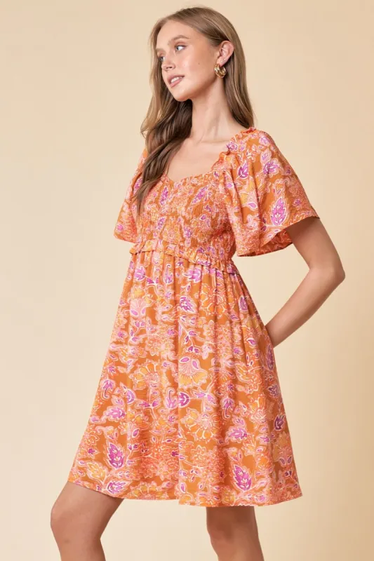 Orange Smocked Bodice Babydoll Dress sold by Pinkblush