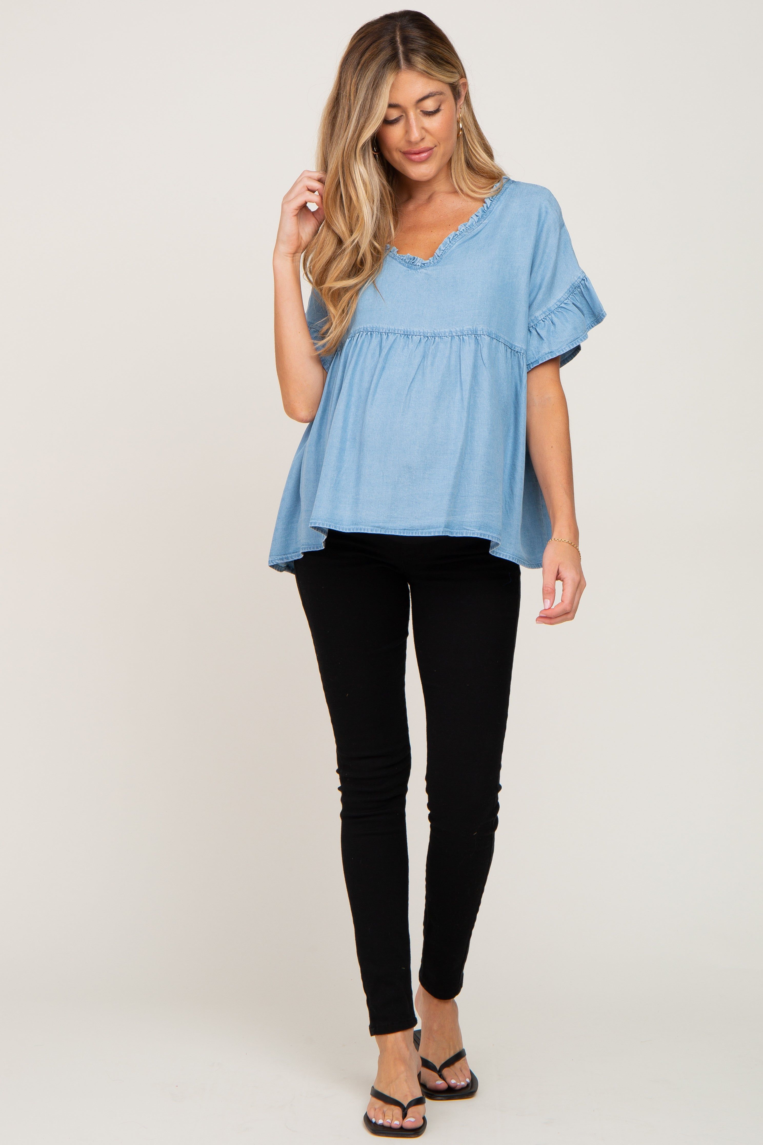 Blue Chambray Ruffle Peplum Maternity Blouse sold by Pinkblush product image thumbnail 4