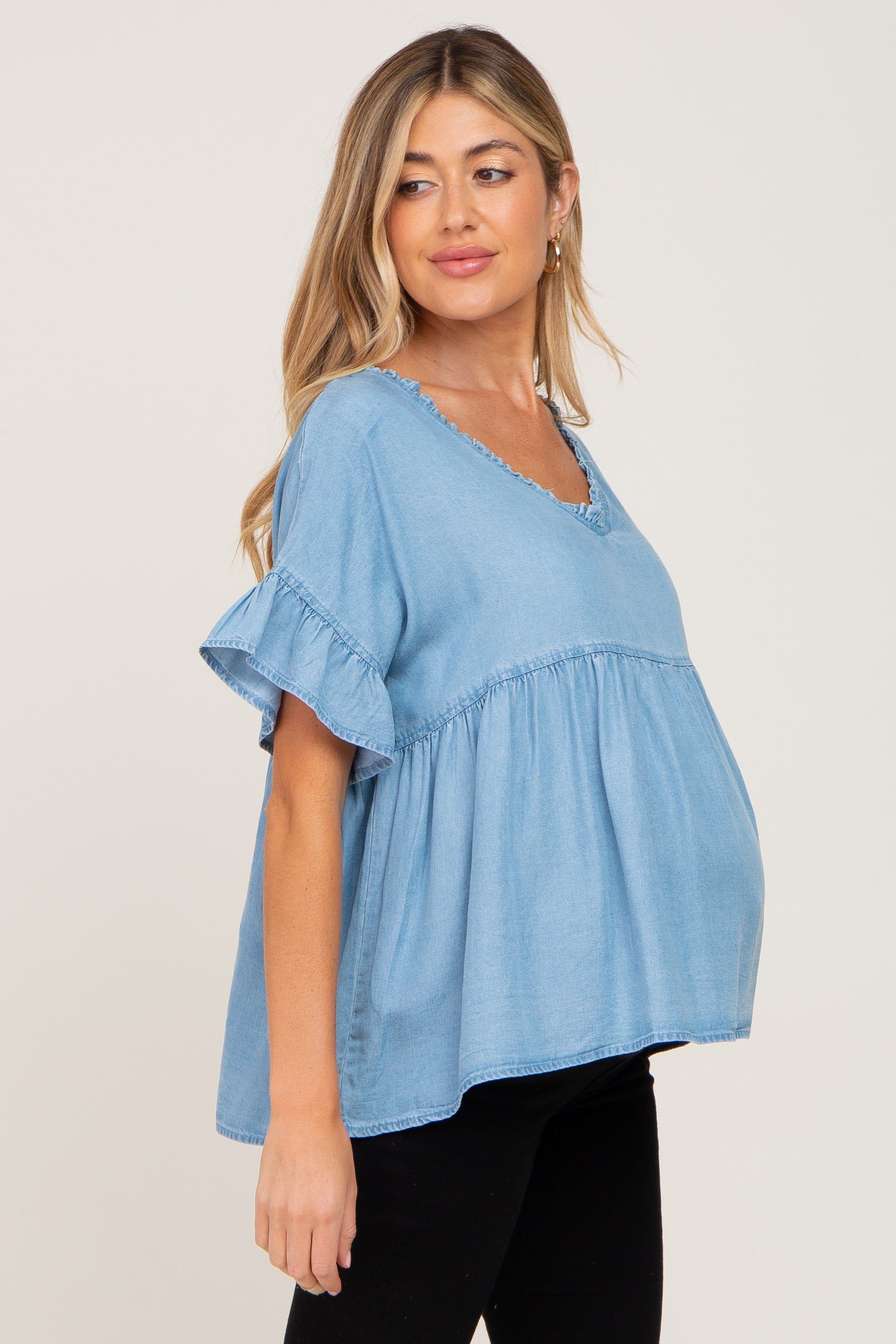 Blue Chambray Ruffle Peplum Maternity Blouse sold by Pinkblush product image thumbnail 2