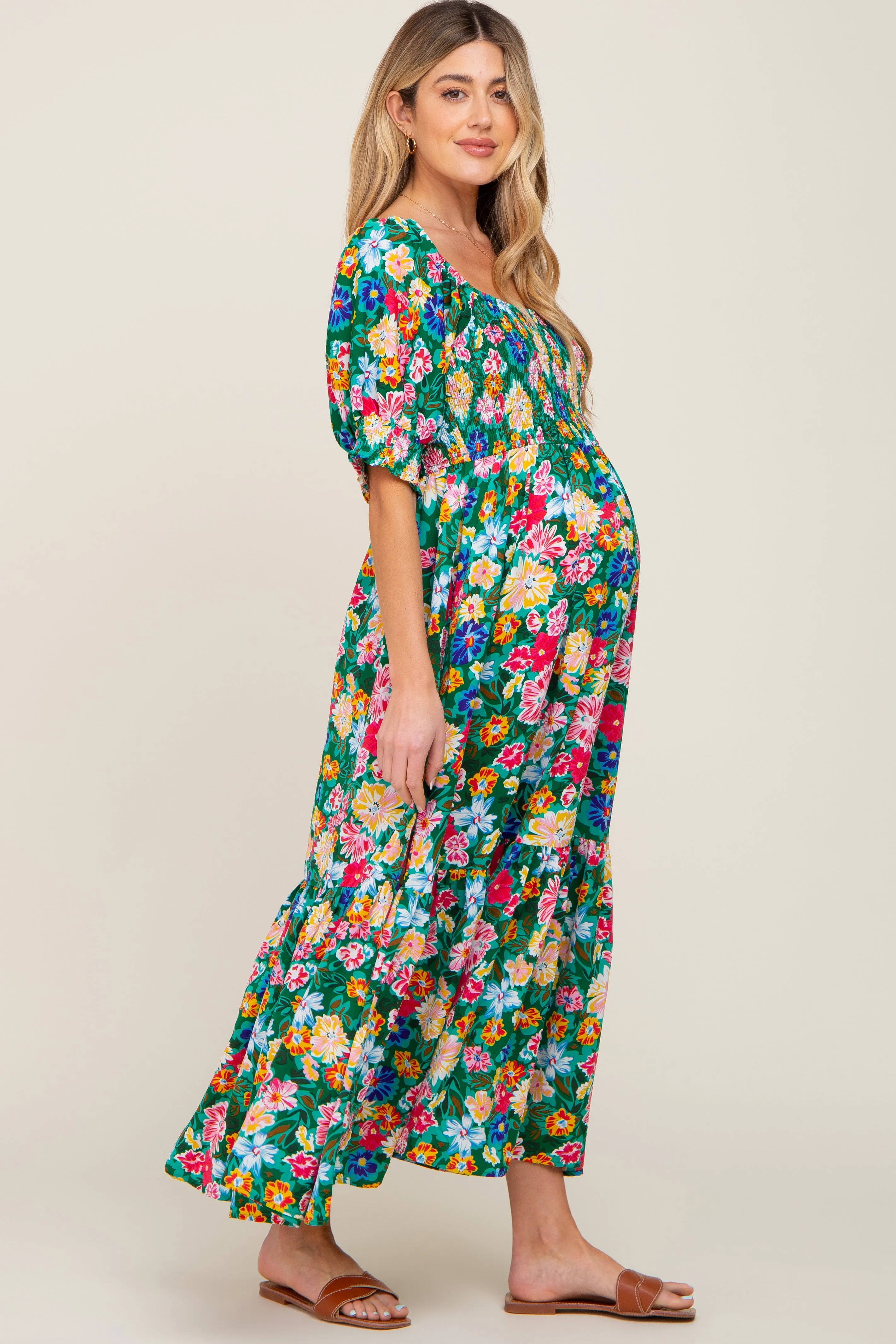 Green Floral Smocked Puff Sleeve Maternity Maxi Dress sold by Pinkblush product image thumbnail 3