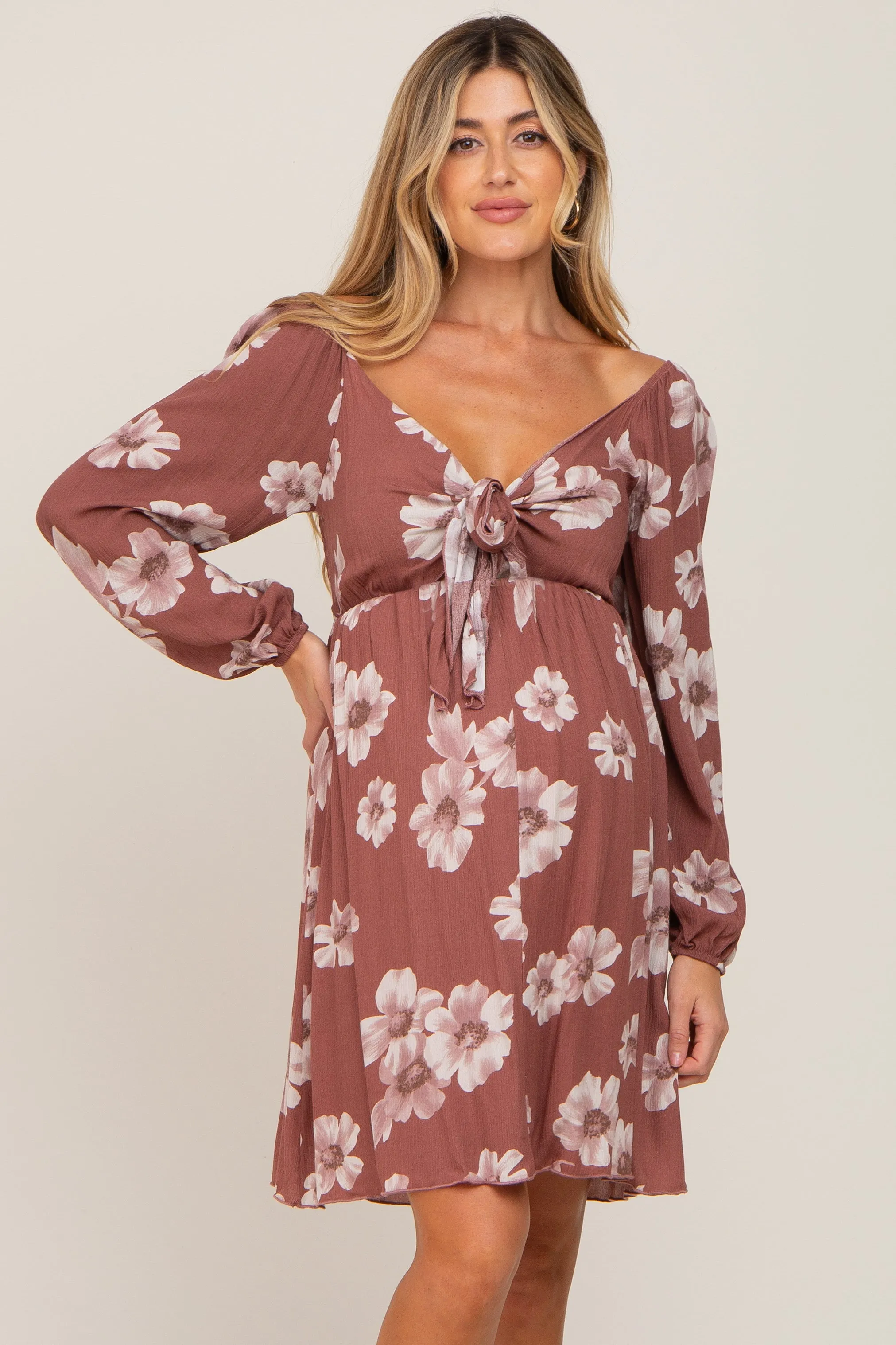 Rust Floral Smocked Tie Back Maternity Dress sold by Pinkblush