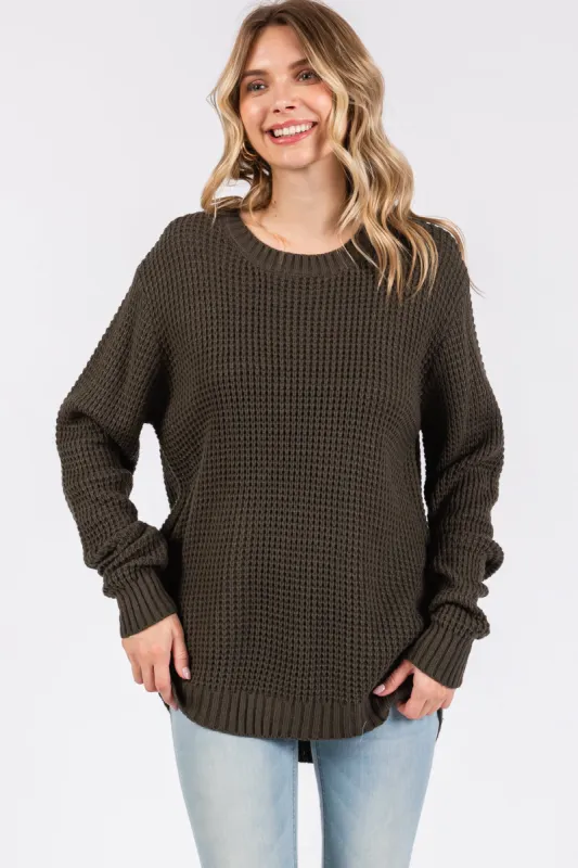 Olive Waffle Knit Round Hem Sweater sold by Pinkblush