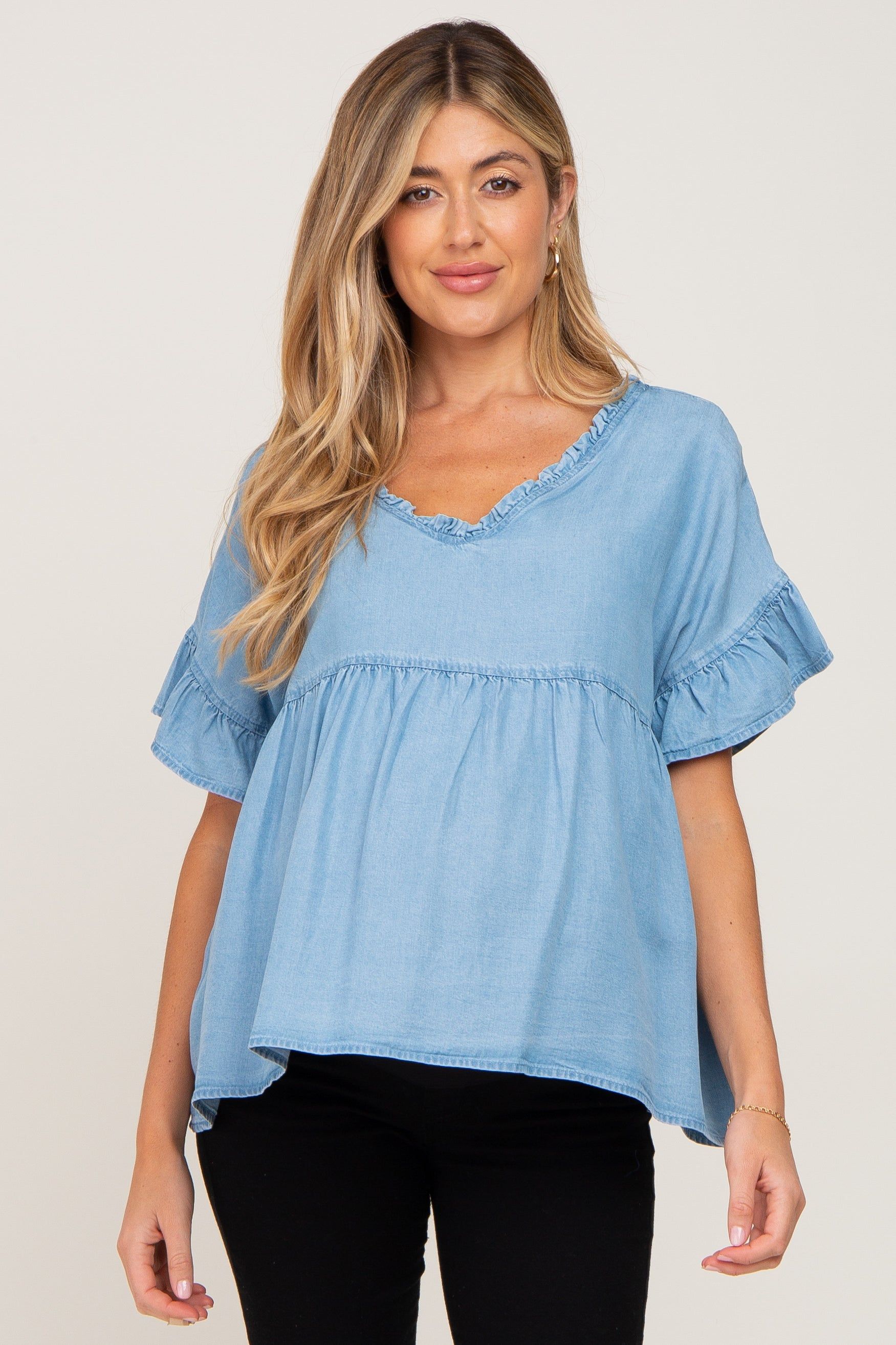 Blue Chambray Ruffle Peplum Maternity Blouse sold by Pinkblush