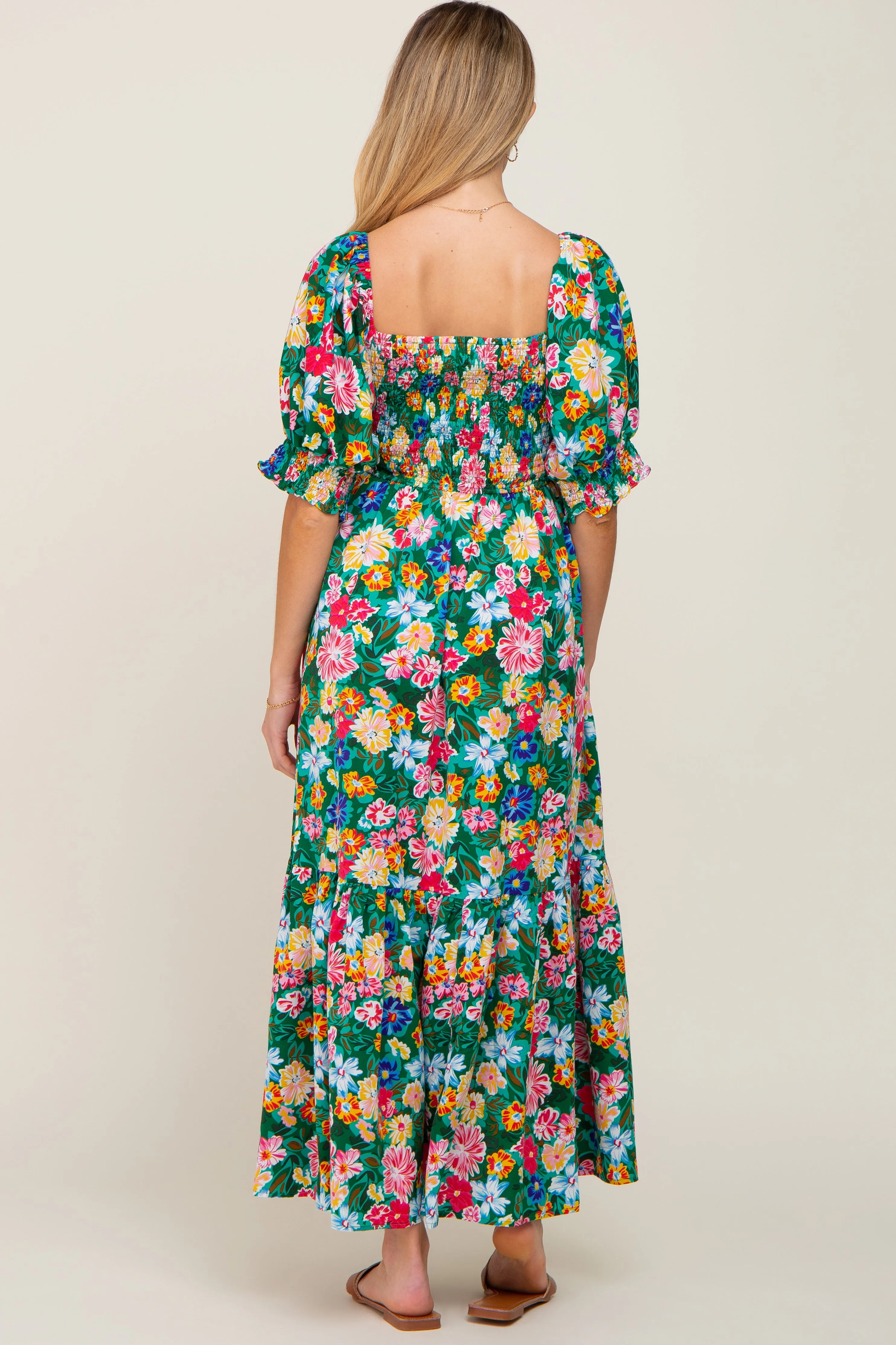 Green Floral Smocked Puff Sleeve Maternity Maxi Dress sold by Pinkblush product image thumbnail 4