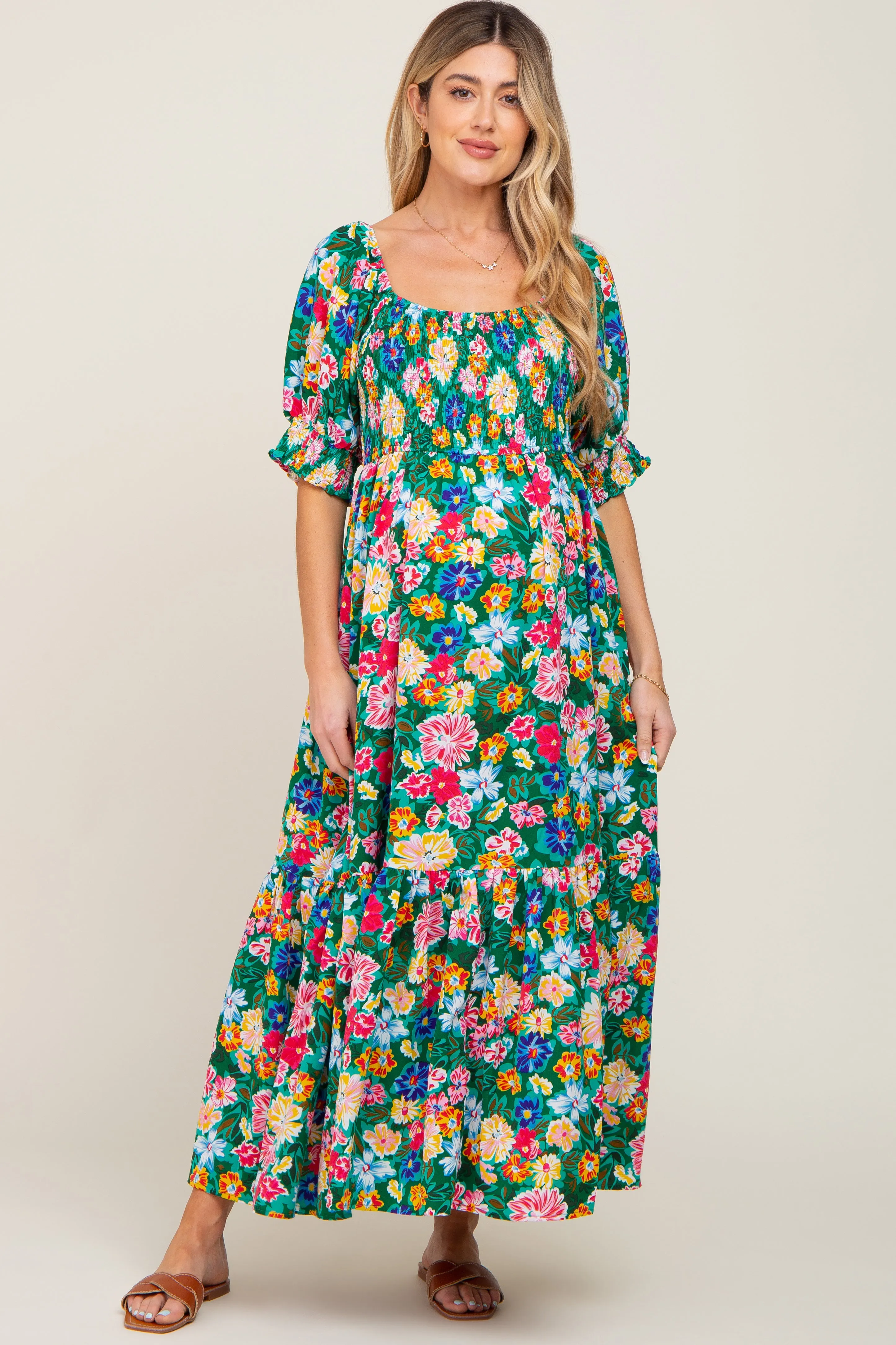 Green Floral Smocked Puff Sleeve Maternity Maxi Dress sold by Pinkblush