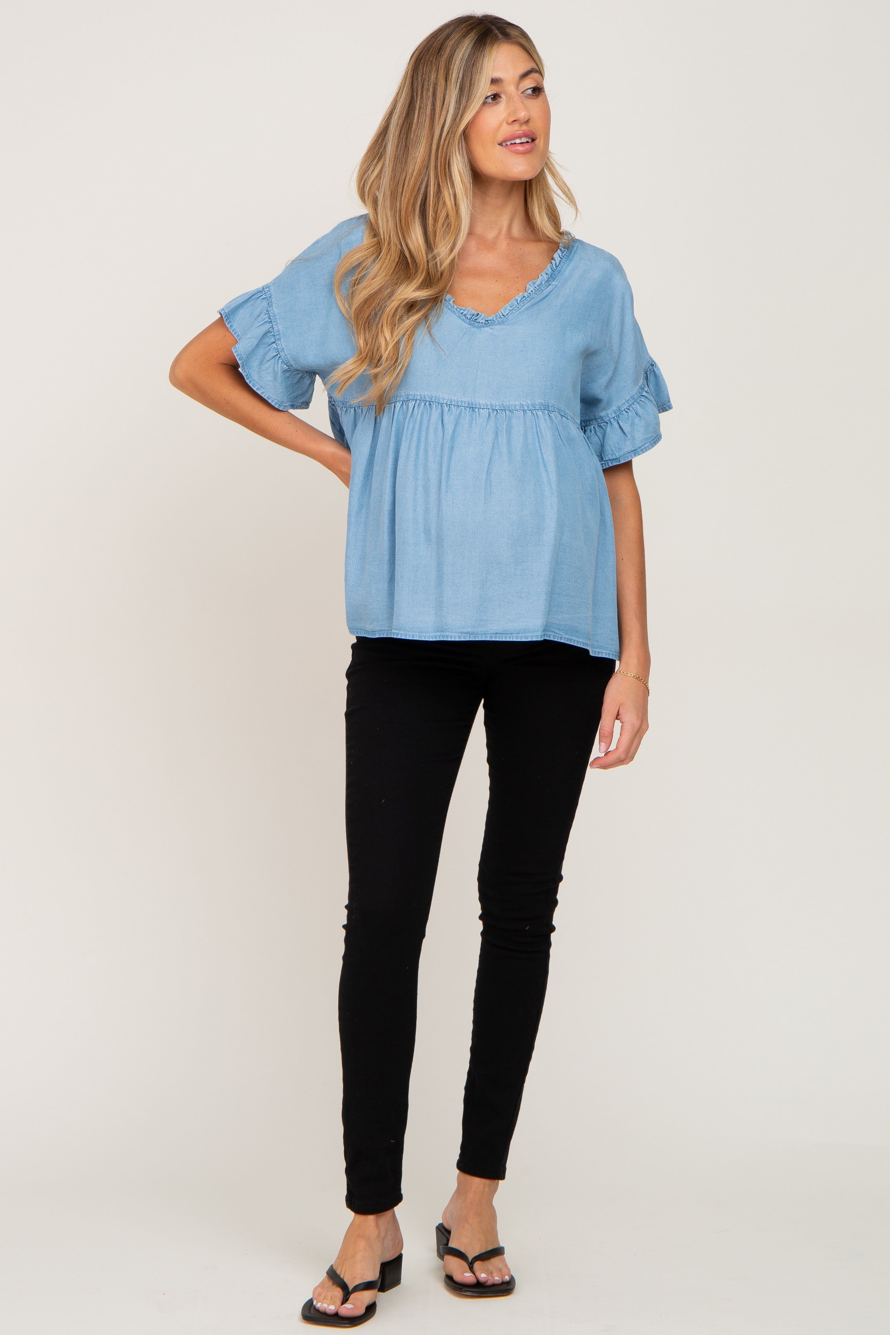 Blue Chambray Ruffle Peplum Maternity Blouse sold by Pinkblush product image thumbnail 5