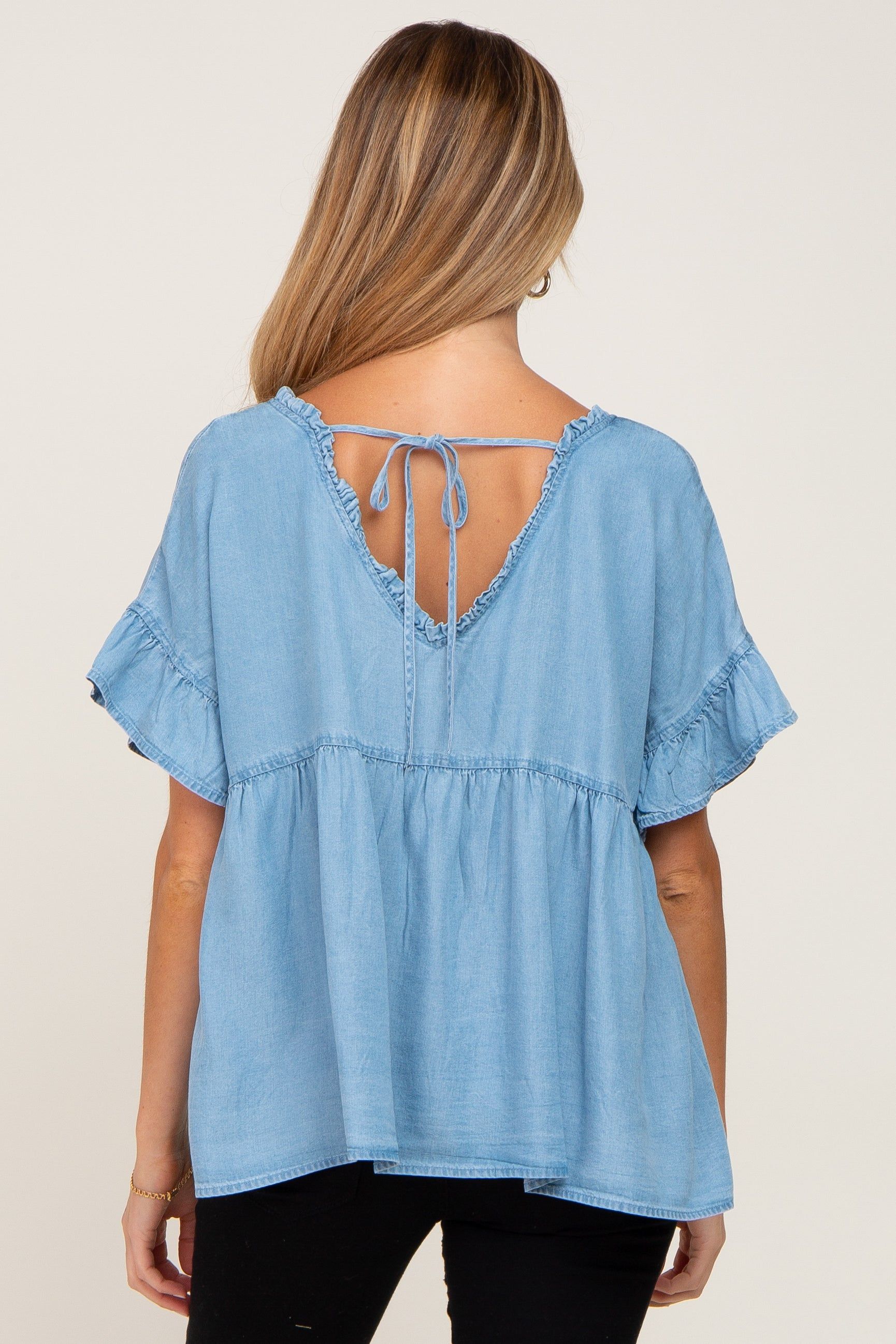 Blue Chambray Ruffle Peplum Maternity Blouse sold by Pinkblush product image thumbnail 3