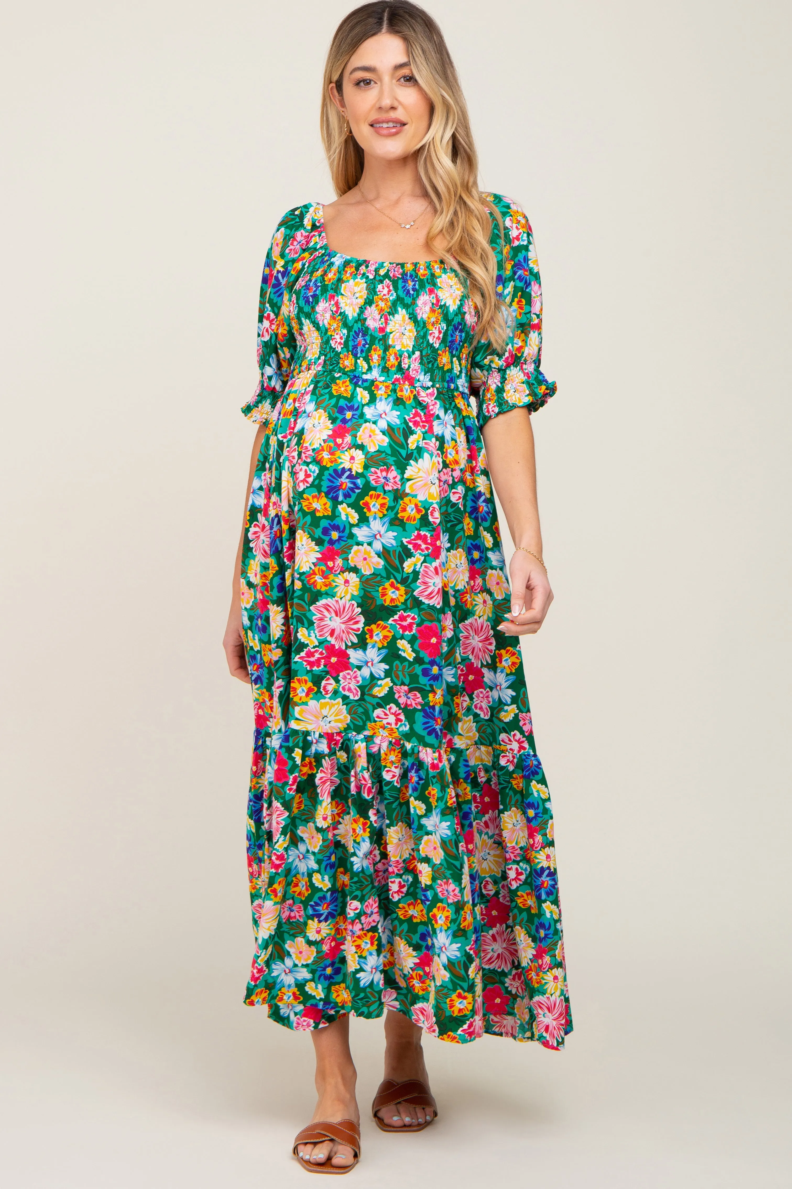 Green Floral Smocked Puff Sleeve Maternity Maxi Dress sold by Pinkblush product image thumbnail 2