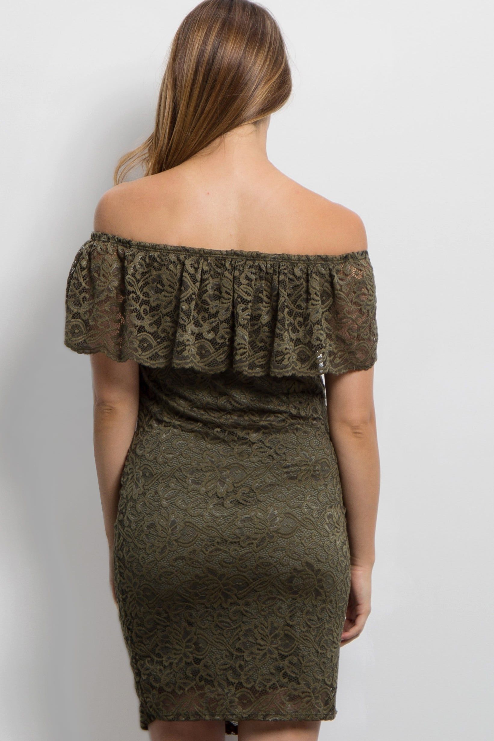 PinkBlush Olive Lace Off Shoulder Fitted Maternity Dress sold by Pinkblush product image thumbnail 3